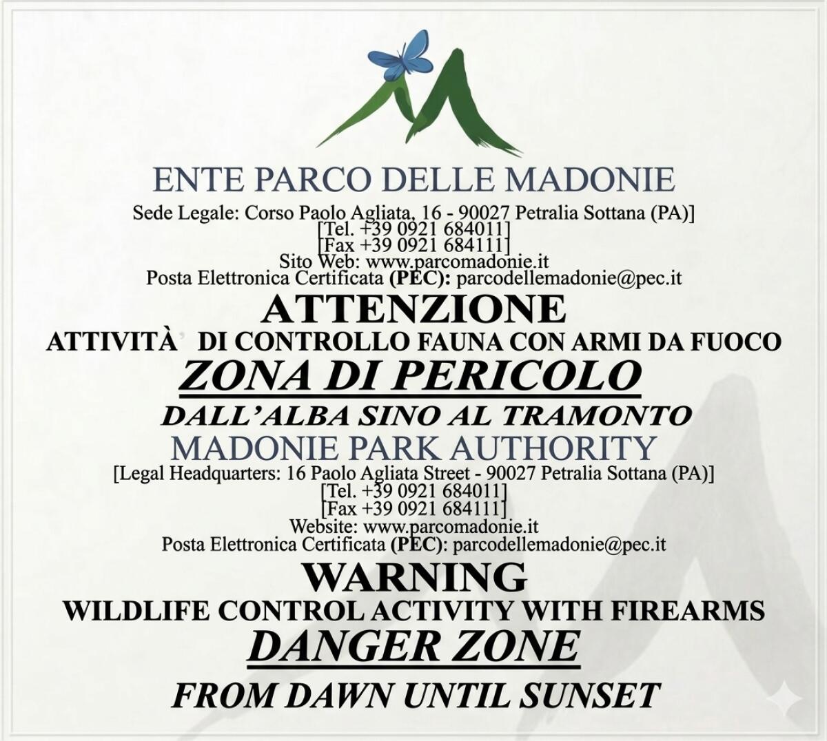 Petralia Soprana: avviso per attività di controllo fauna con armi il 10 settembre 2026 - 