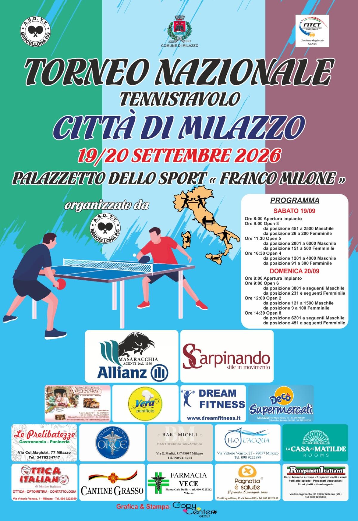 Milazzo: al via il 1° Torneo OPEN di tennistavolo il 19-20 settembre 2026 - 