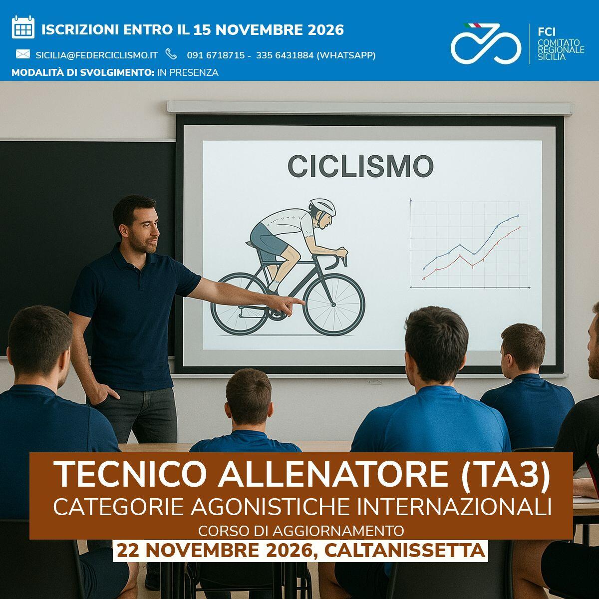 Caltanissetta: corso di aggiornamento TA3 il 22 novembre 2026 per tecnici allenatori, posti limitati - 