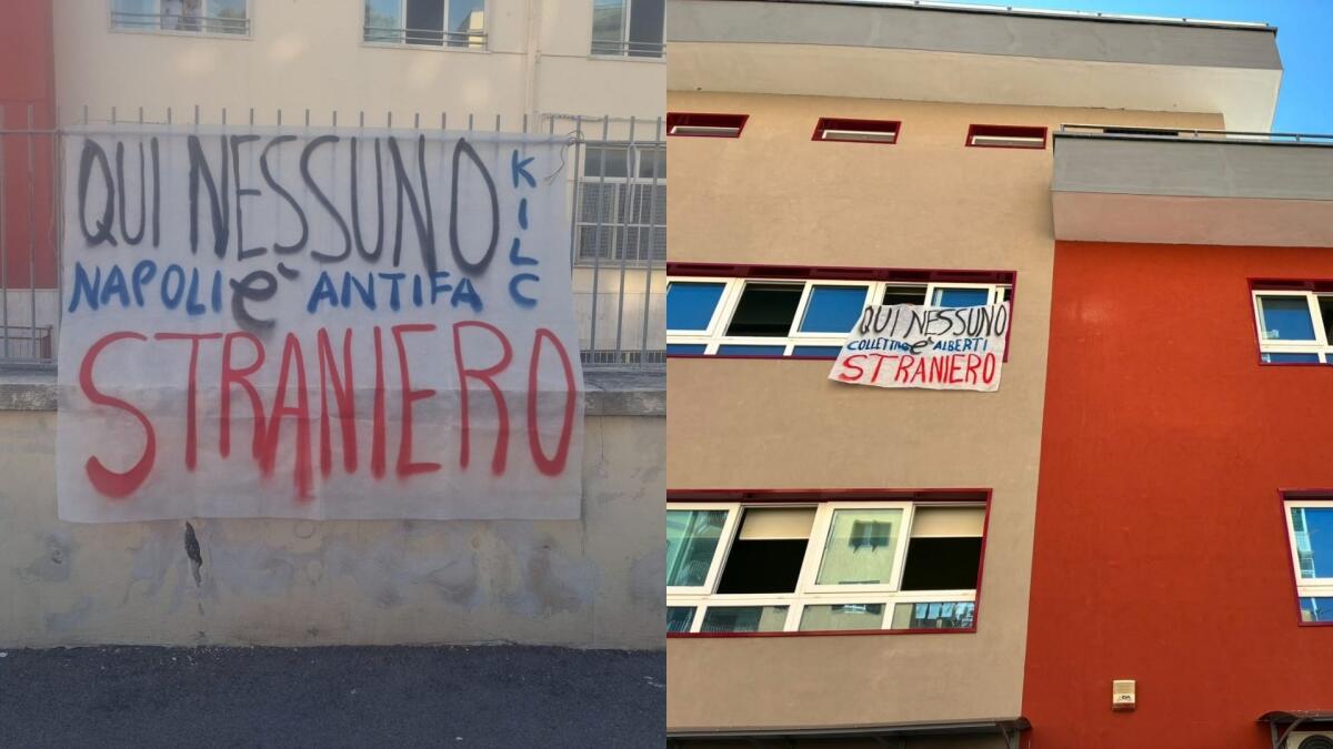 Napoli, studenti del collettivo Kaos espongono striscioni 'Qui nessuno è straniero' contro il tetto agli alunni stranieri - 