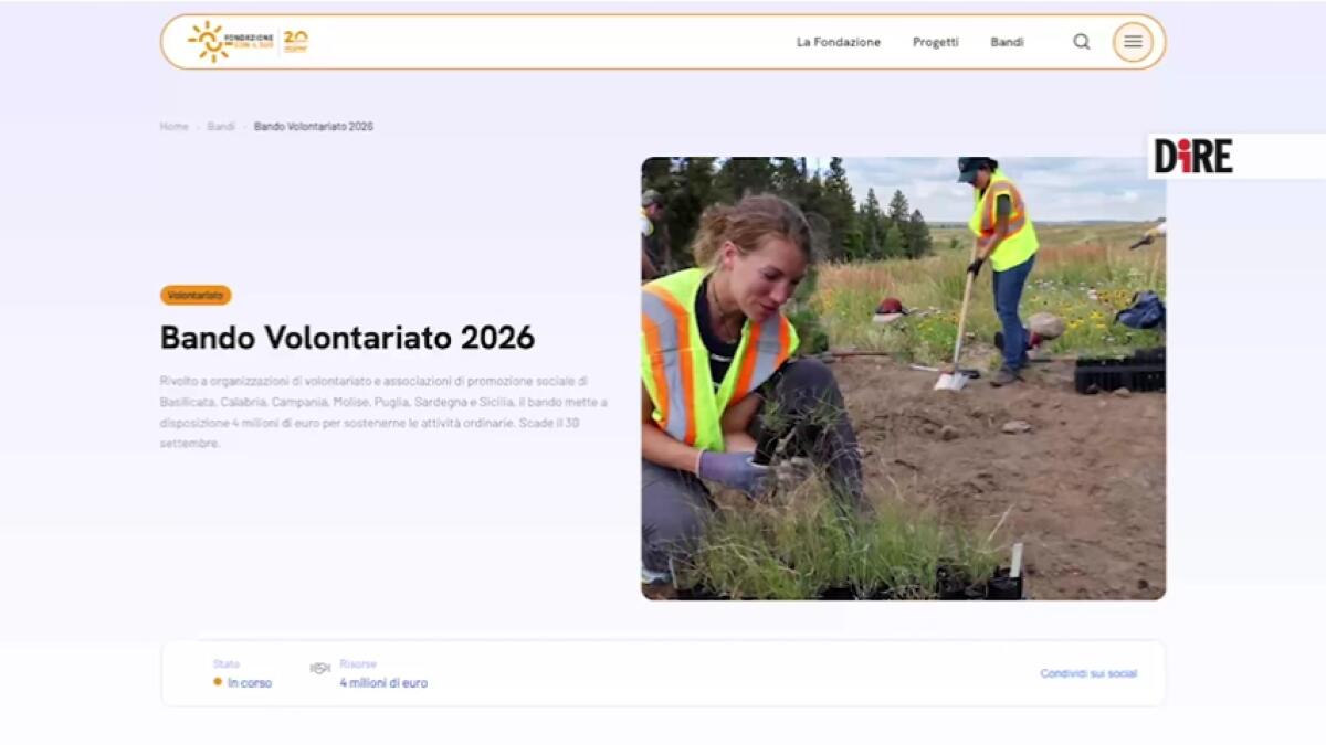 Bando Volontariato Sud 2026: scadenza 30 settembre per associazioni nei piccoli Comuni - 