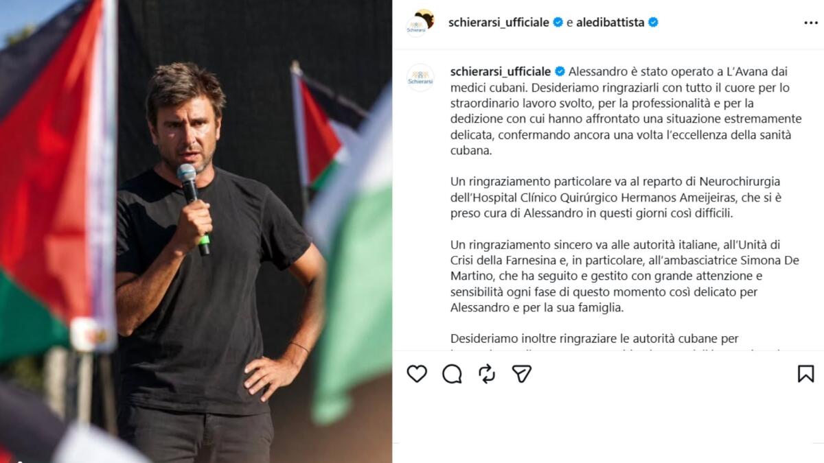 Di Battista operato a L'Avana: l'associazione Schierarsi annuncia miglioramento post-intervento - 