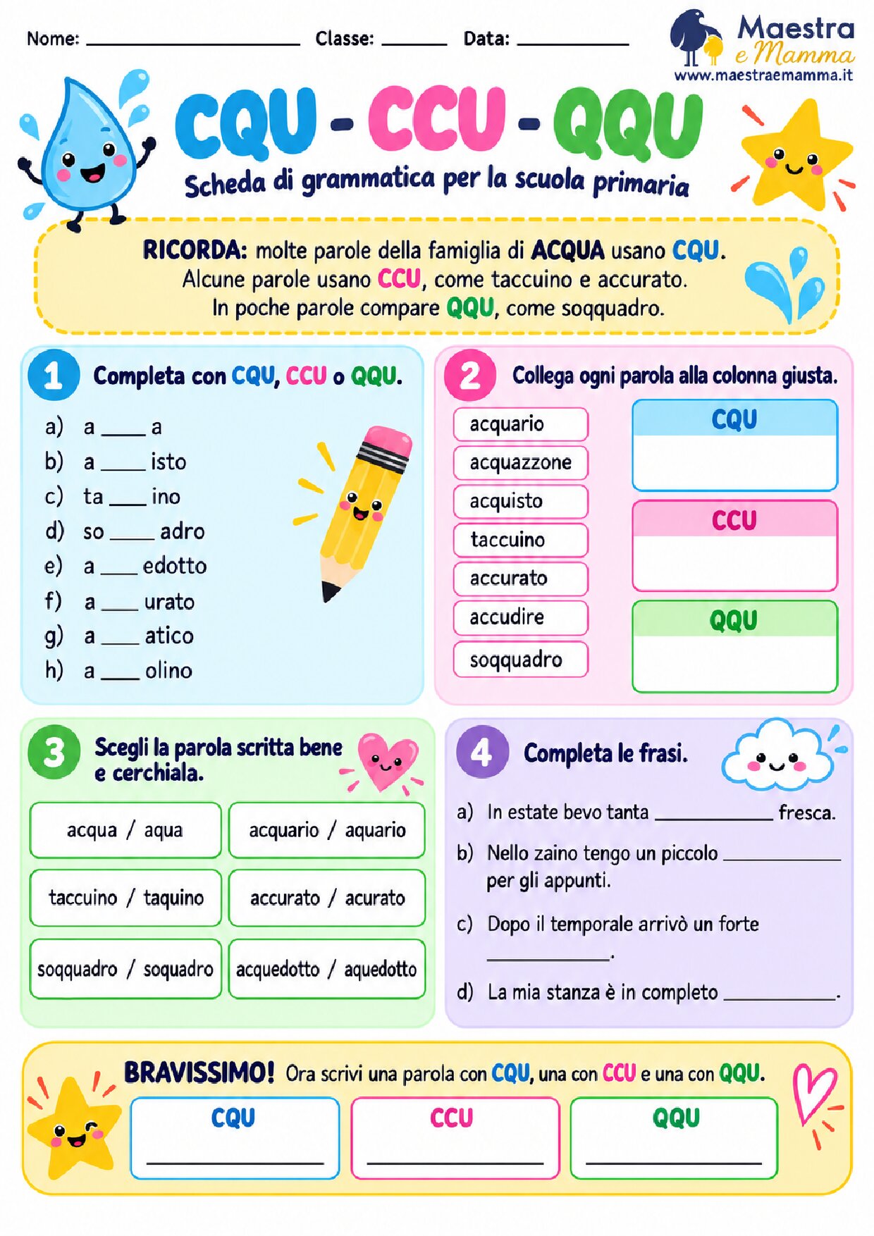 CQU, CCU e QQU: scheda didattica di grammatica per la scuola primaria