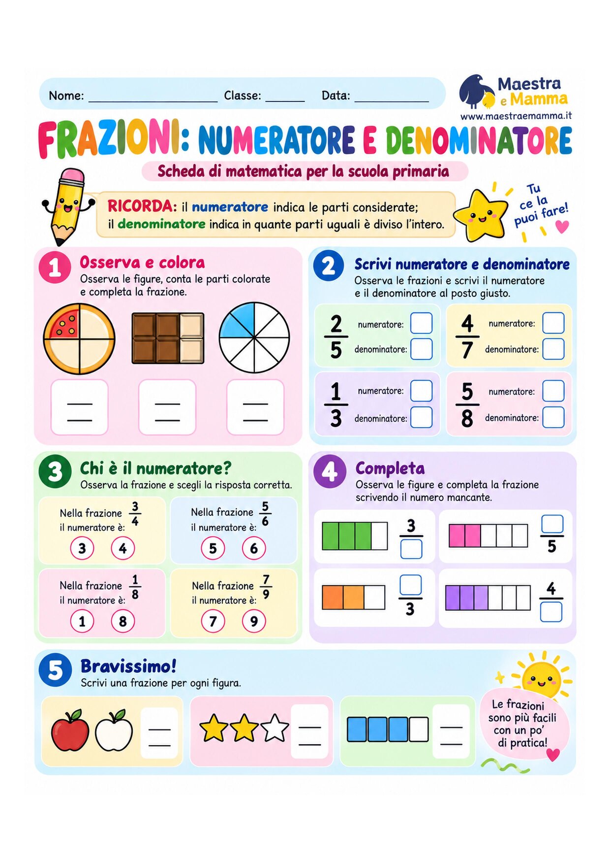 Frazioni: numeratore e denominatore – scheda didattica per la scuola primaria