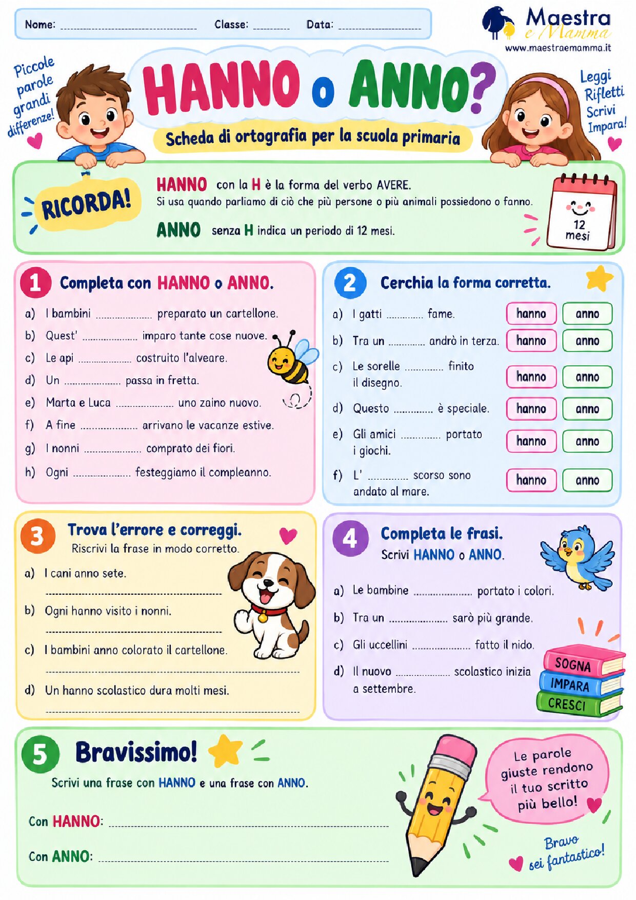 Hanno o anno? Scheda di ortografia per la scuola primaria