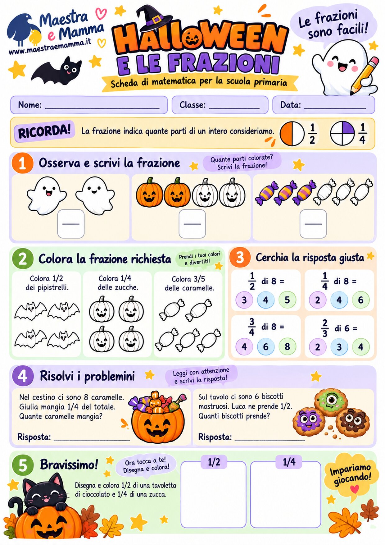 Halloween e le frazioni: scheda didattica di matematica per la scuola primaria