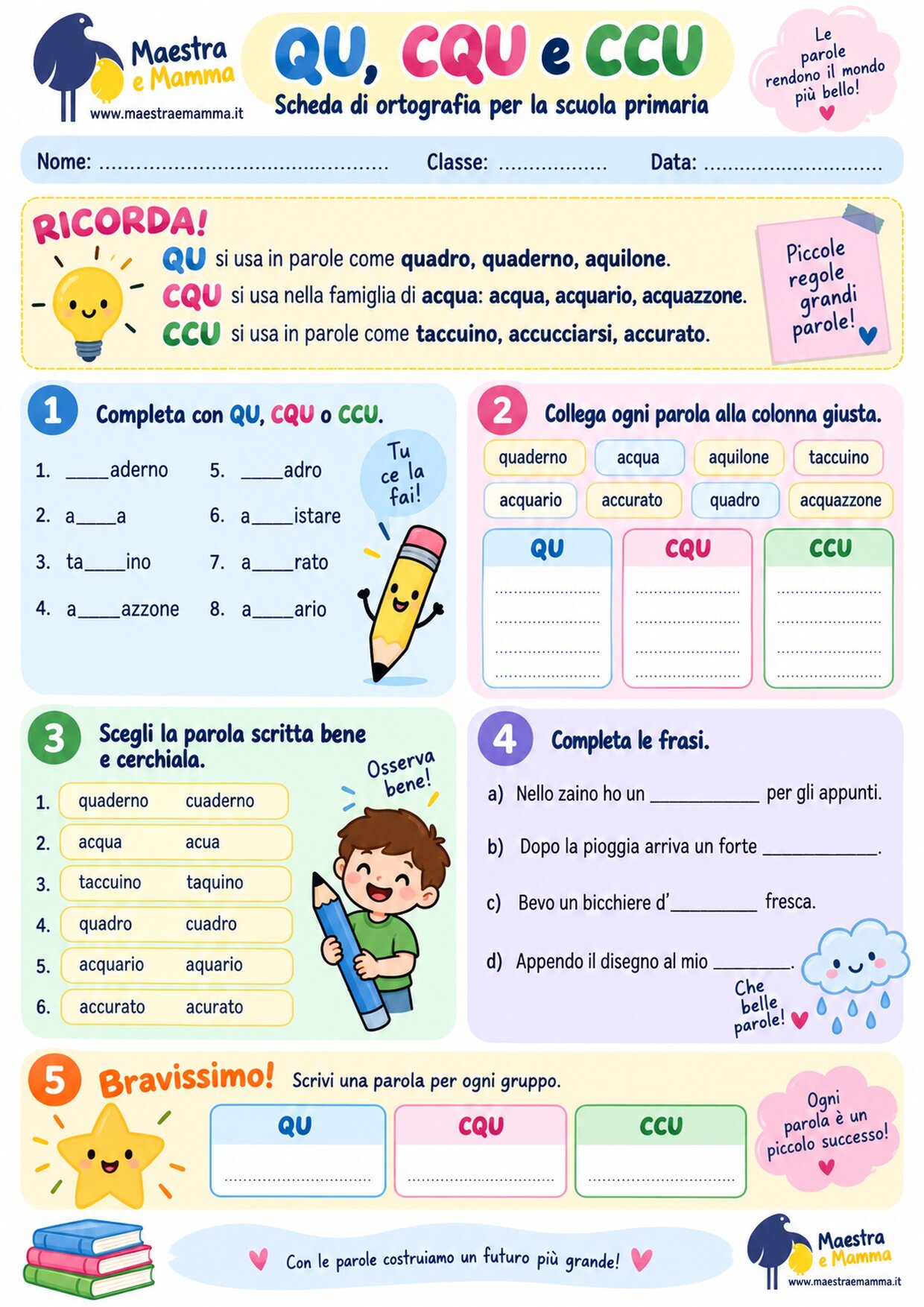 QU, CQU e CCU: scheda didattica di ortografia per la scuola primaria