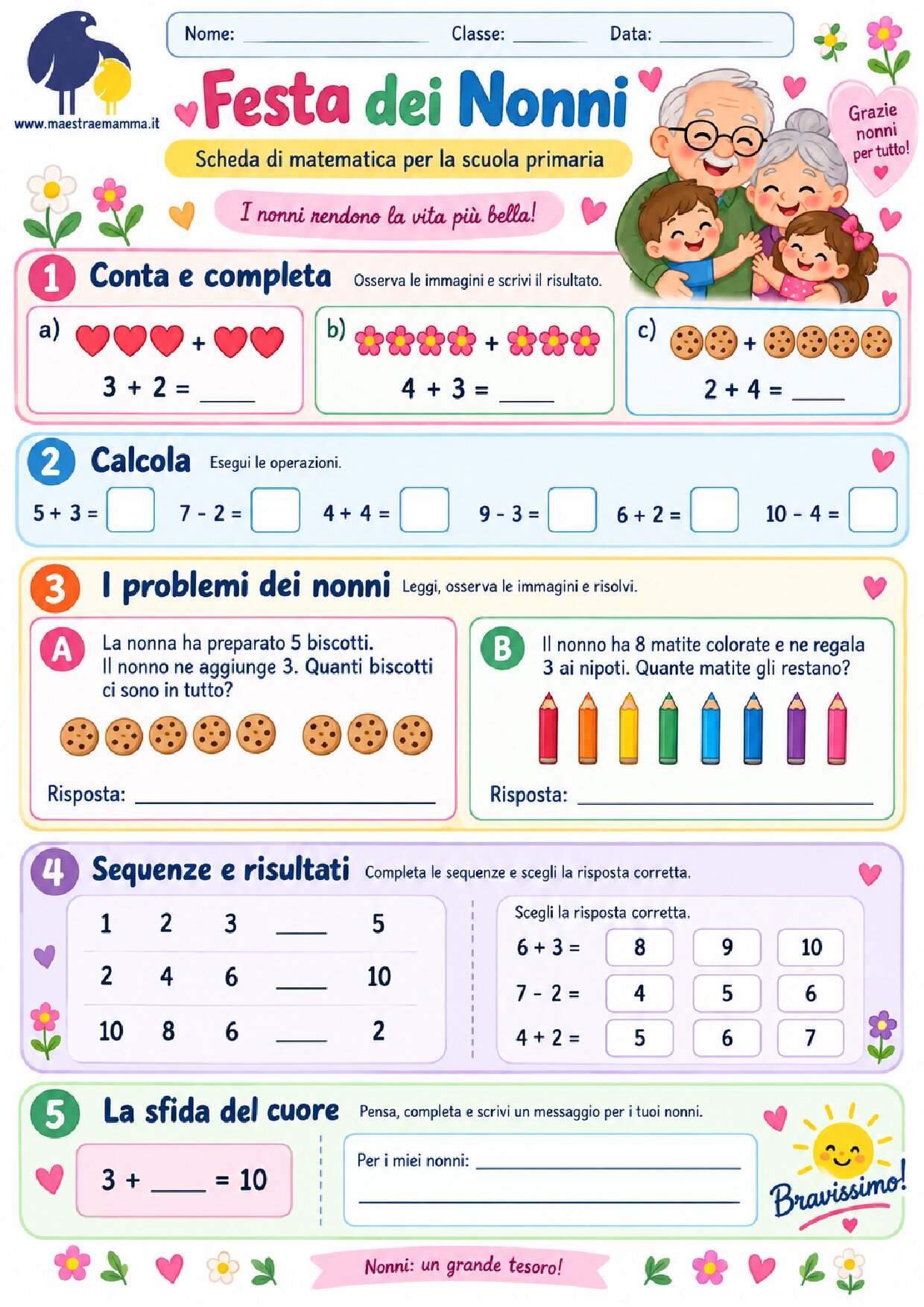 Festa dei Nonni: scheda di matematica per la scuola primaria