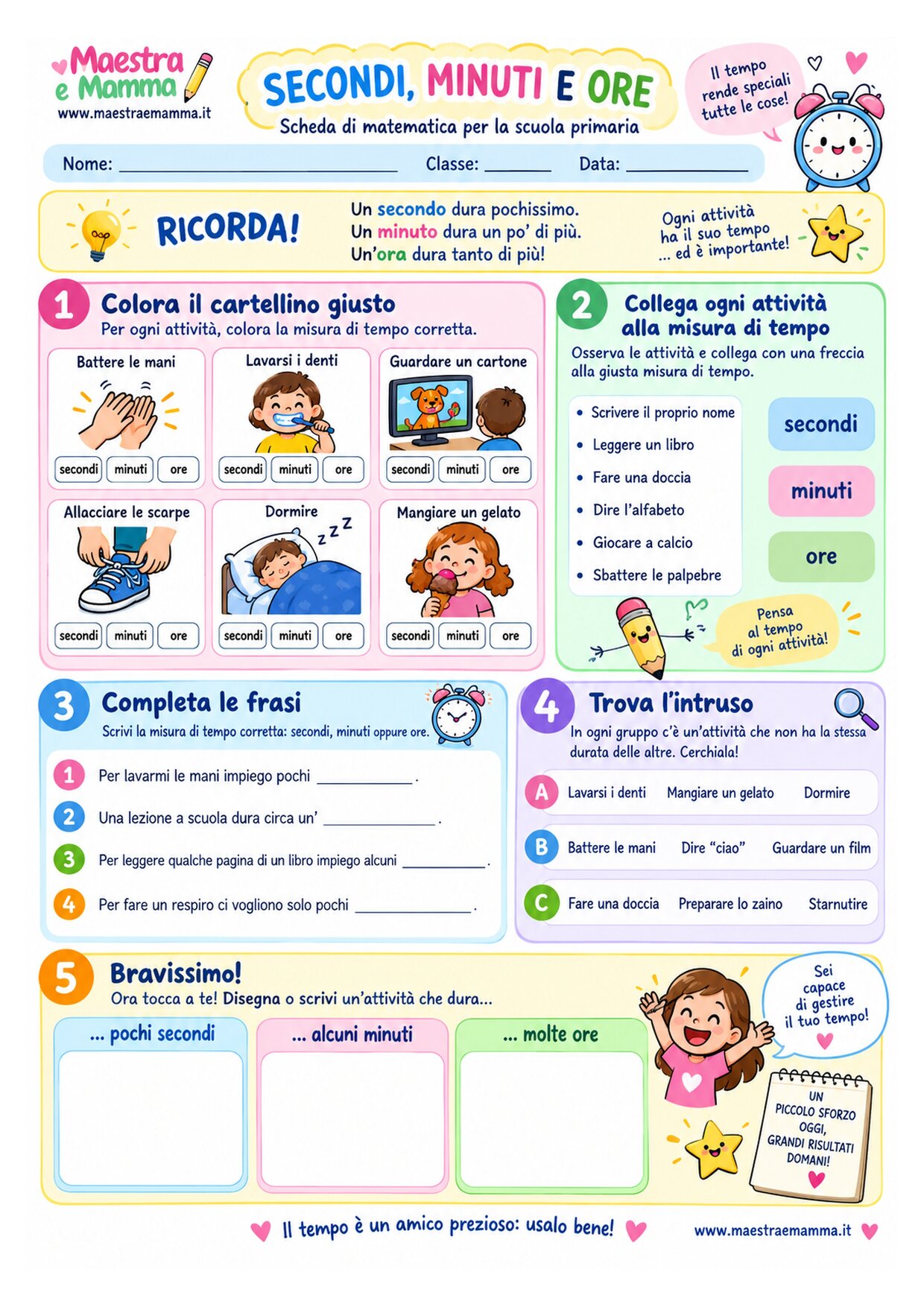 Secondi, minuti e ore: scheda didattica sul tempo per la primaria