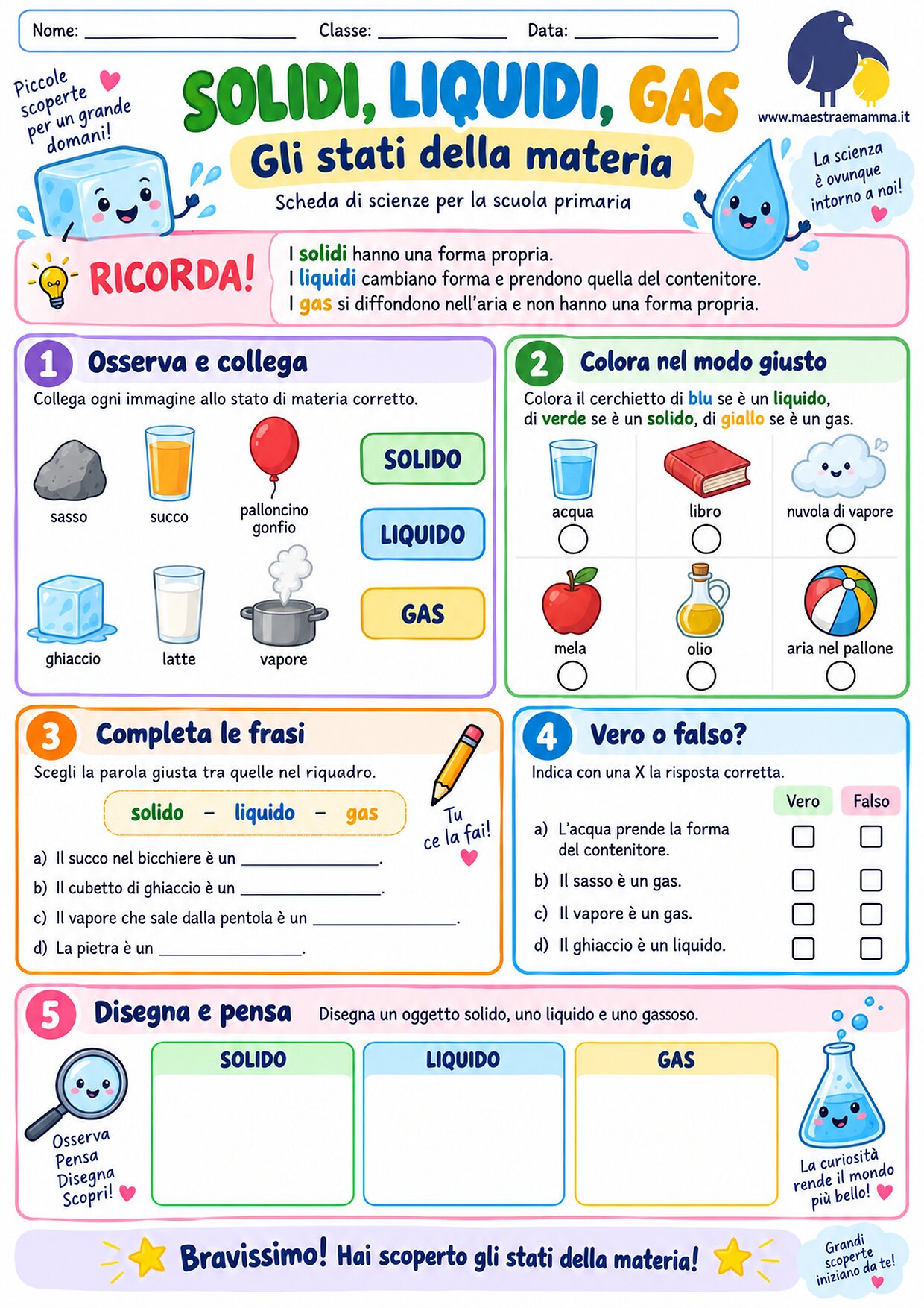 Solidi, liquidi e gas: scheda didattica sugli stati della materia per la primaria