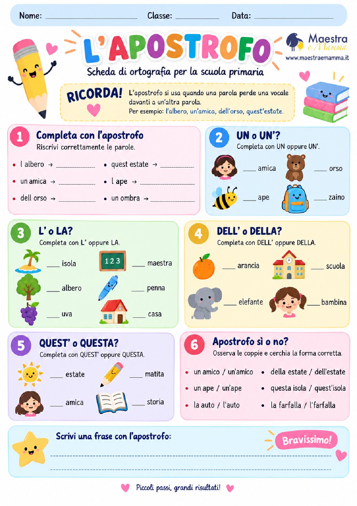 L’apostrofo: scheda didattica di ortografia per la scuola primaria