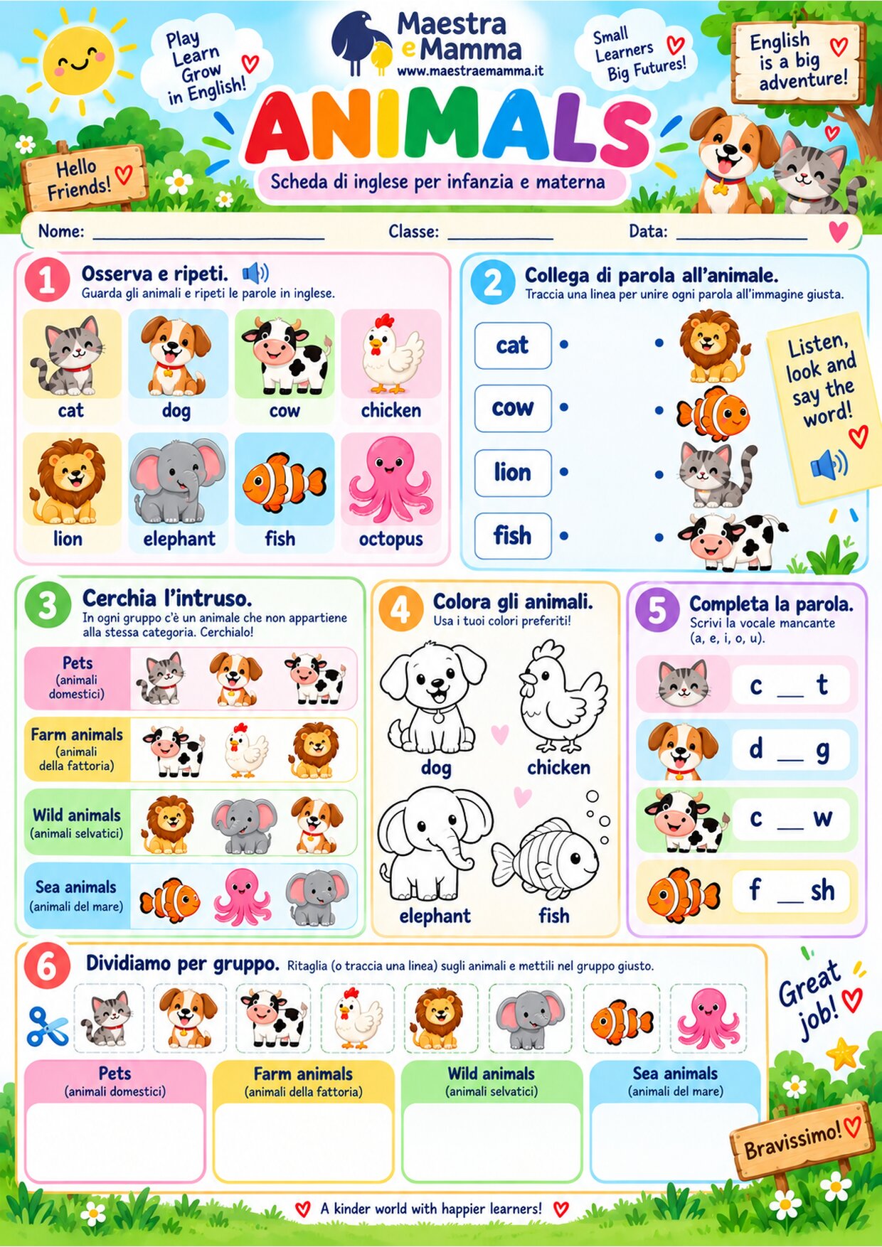 Animals in English: scheda didattica per infanzia e materna