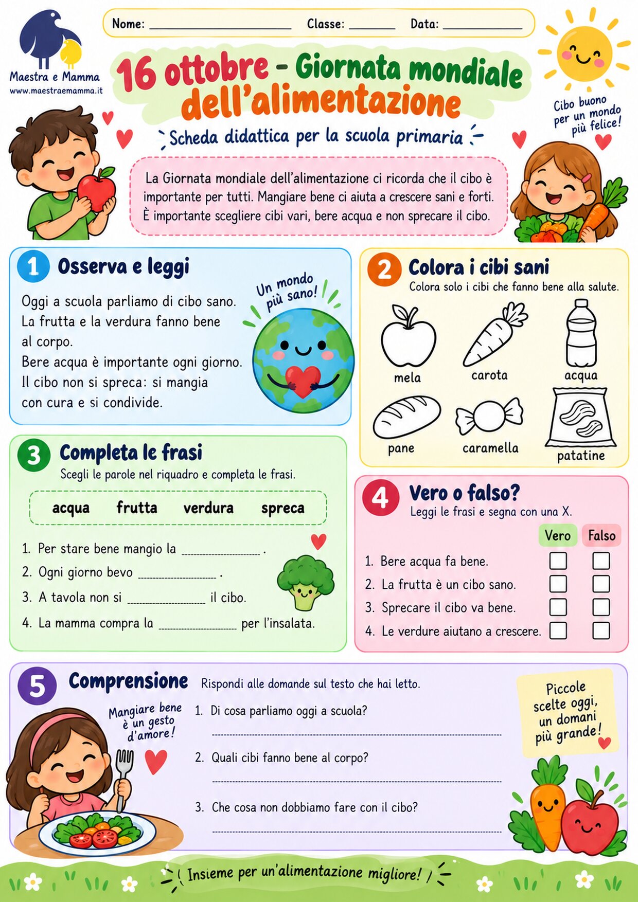 16 ottobre: Giornata mondiale dell’alimentazione – scheda didattica per la primaria