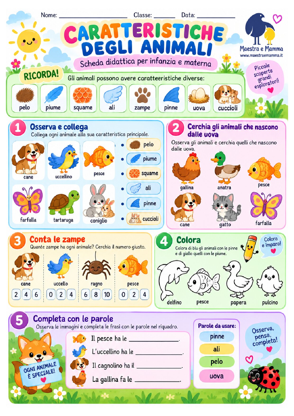 Caratteristiche degli animali: scheda didattica per infanzia e materna