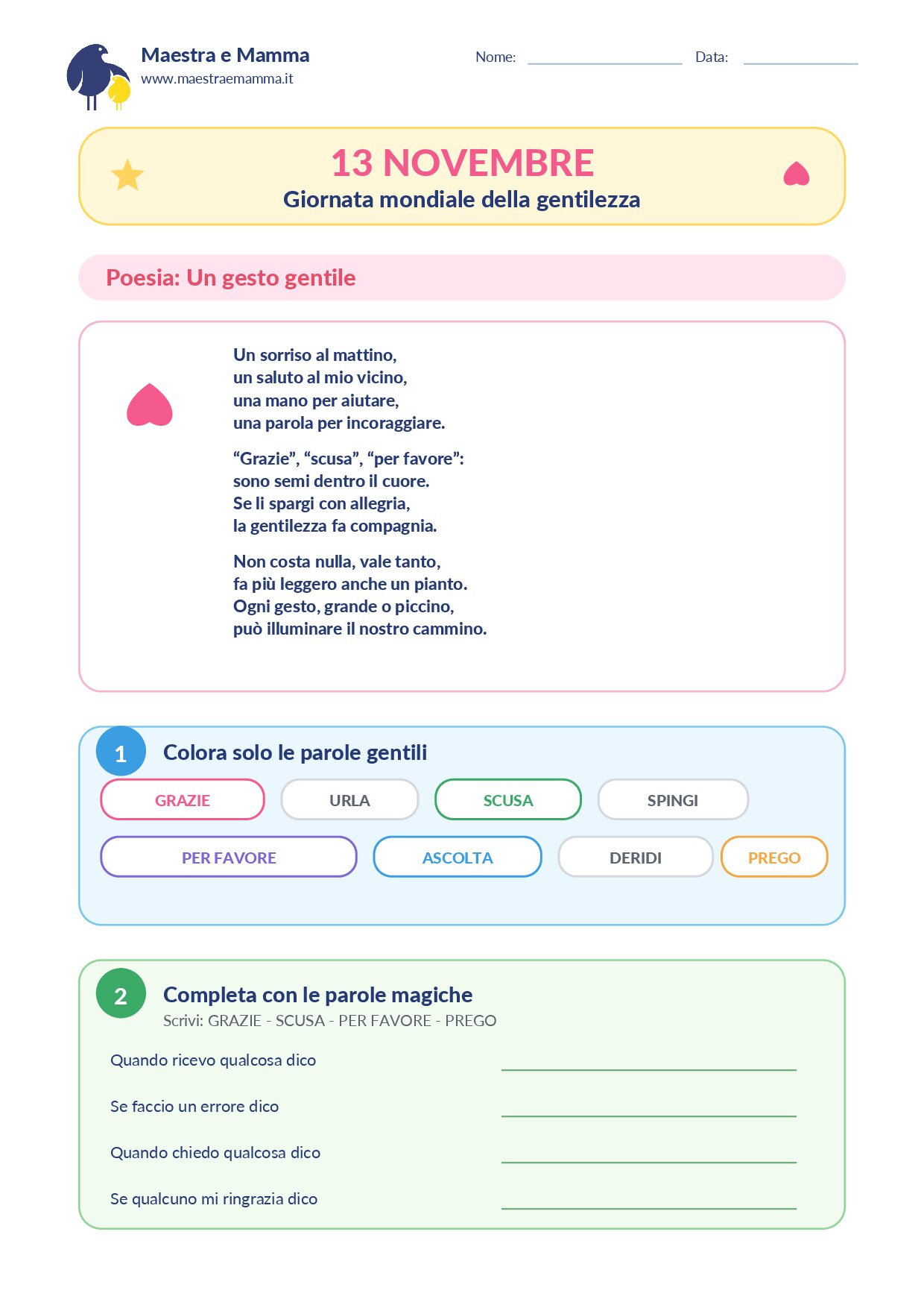 13 novembre: Giornata mondiale della gentilezza, poesie e attività per bambini