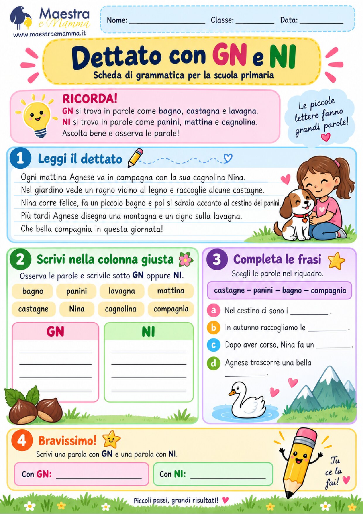 Dettato con GN e NI: scheda di grammatica per la scuola primaria