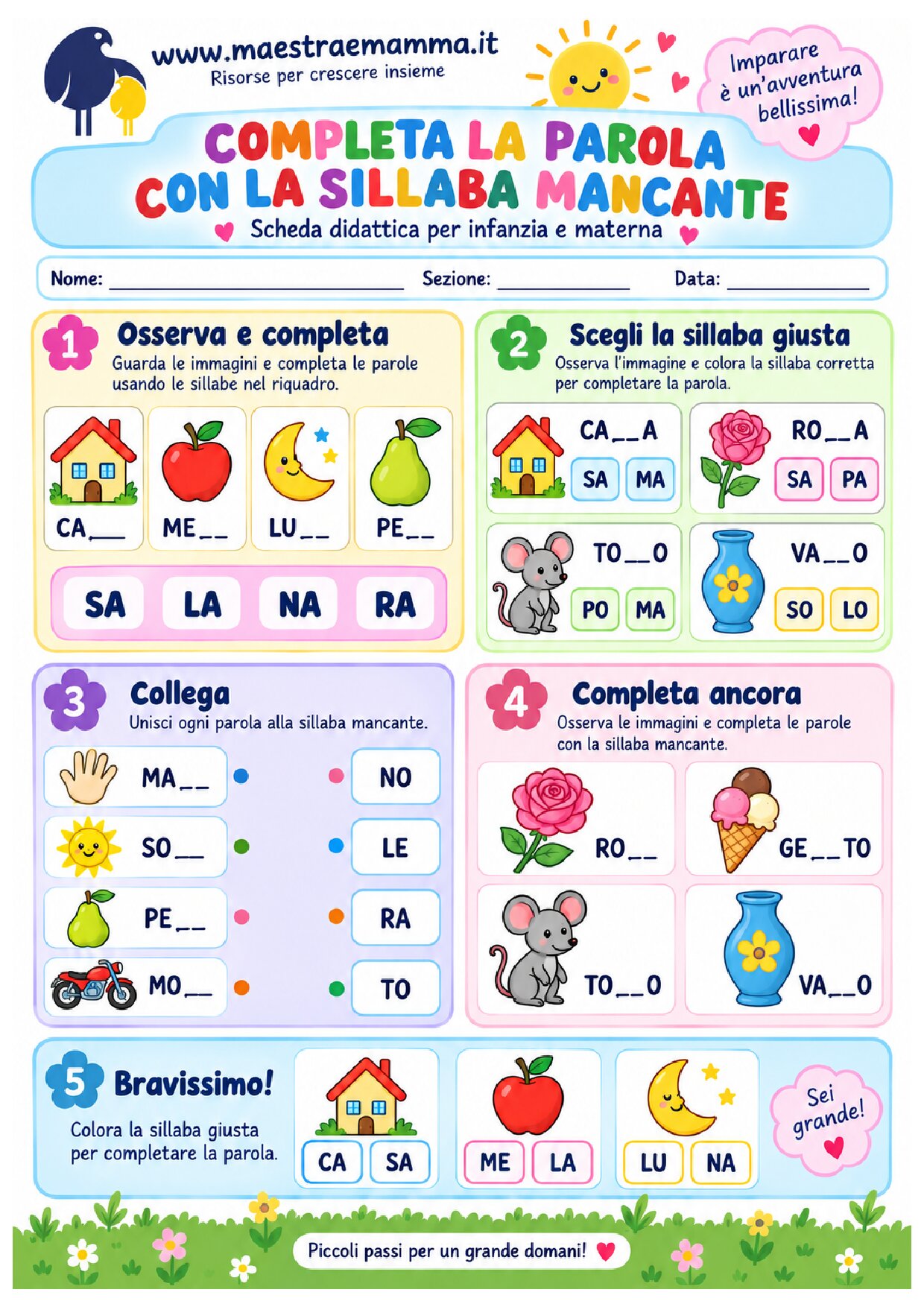 Completare una parola con la sillaba mancante: scheda didattica per infanzia e materna