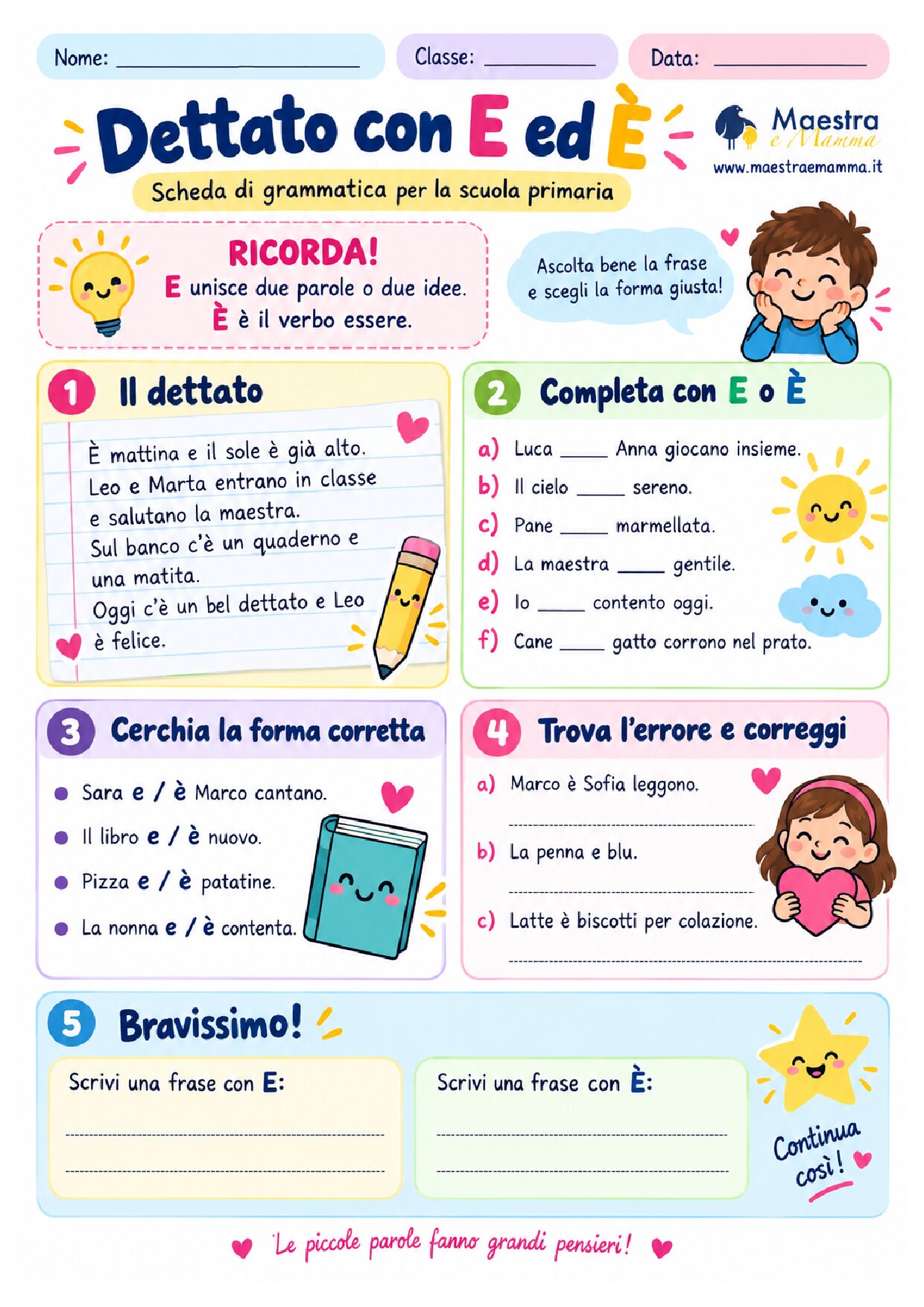 Dettato con E ed È: scheda di grammatica per la scuola primaria