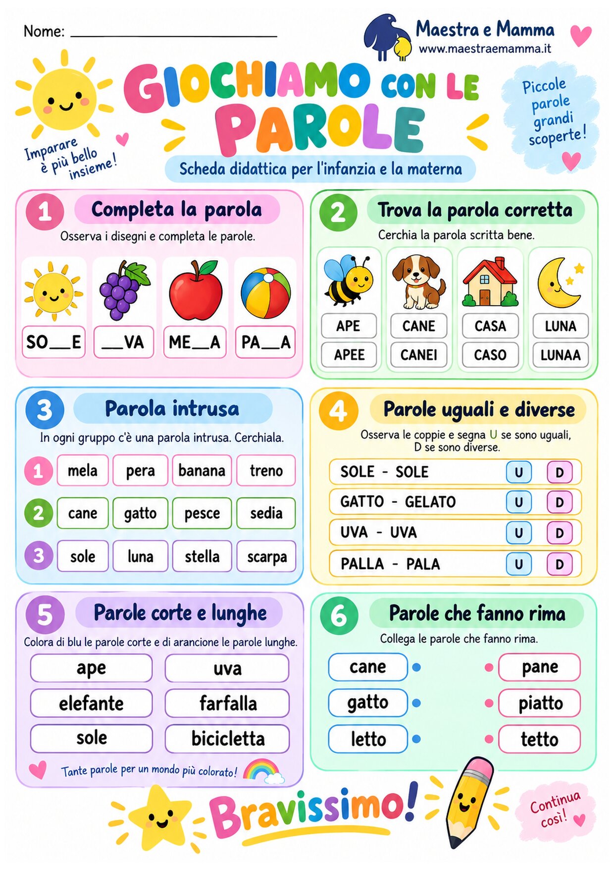 Giochiamo con le parole: scheda didattica per infanzia e materna