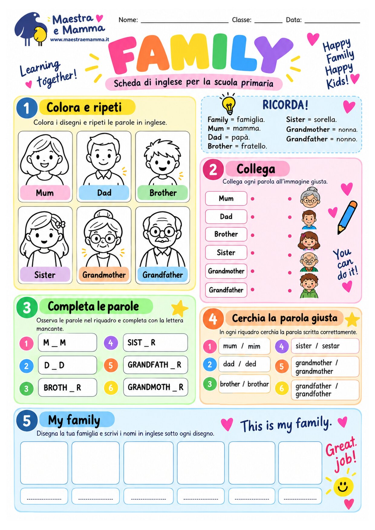 Family in inglese: scheda didattica per la scuola primaria