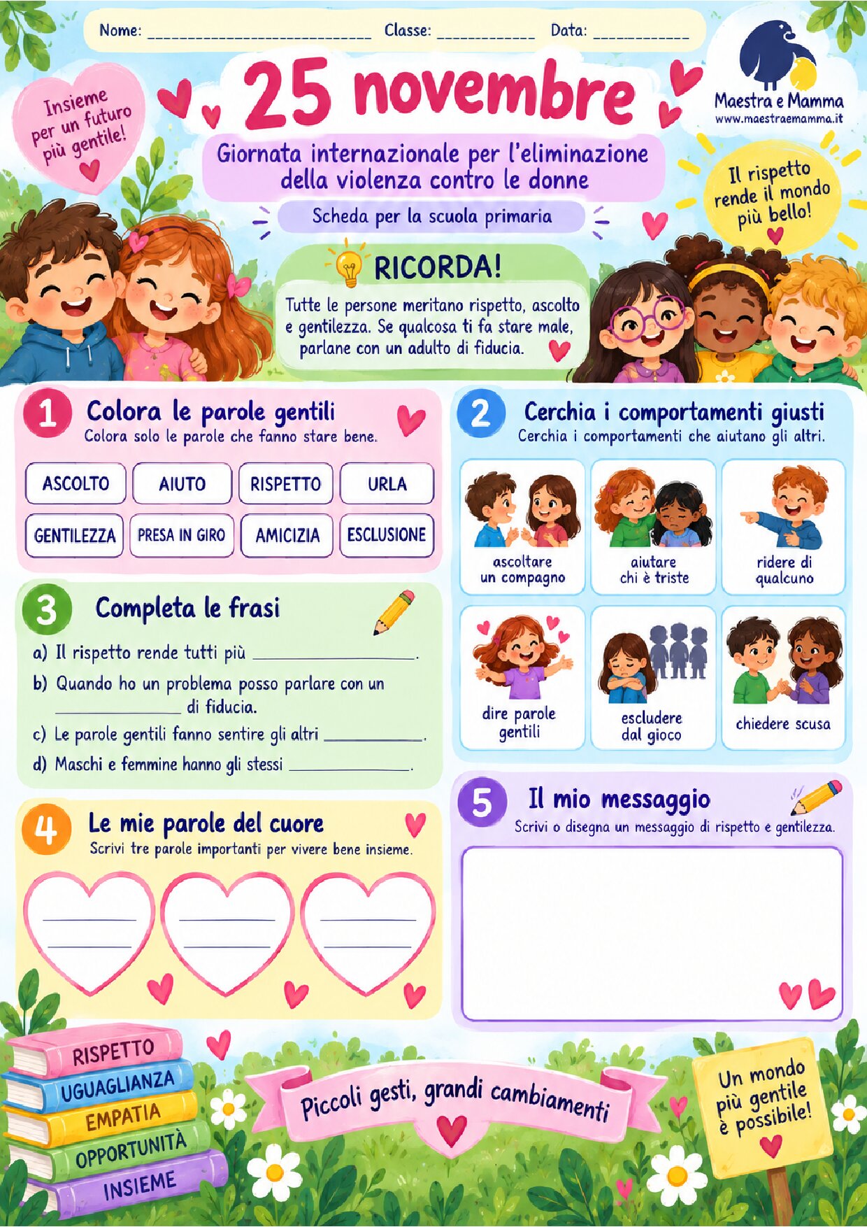 25 novembre: scheda didattica per la scuola primaria su rispetto e gentilezza