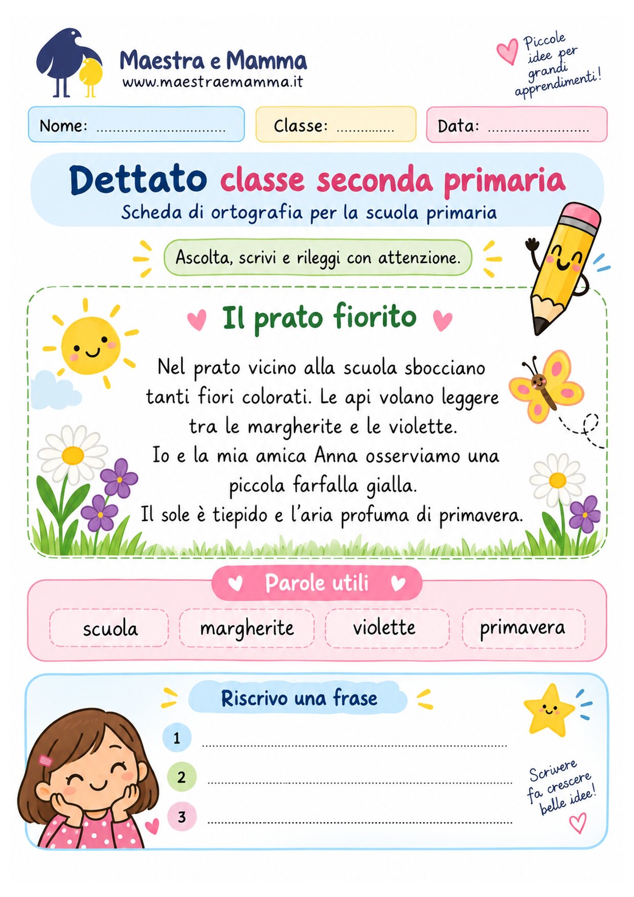 Dettato classe seconda primaria: scheda di ortografia da stampare