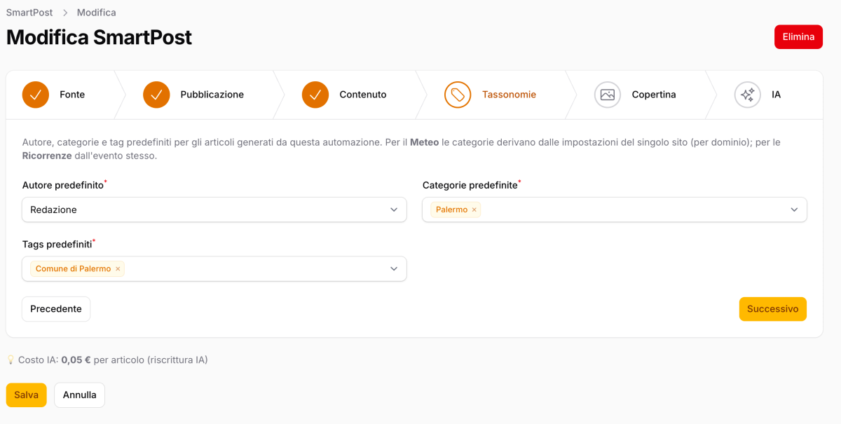 Step 4: scelta delle tassonomie di default