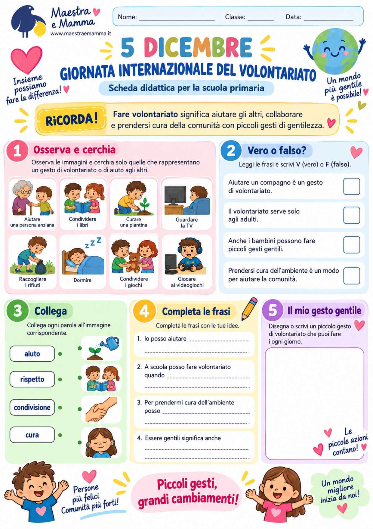 5 dicembre: scheda didattica sulla Giornata internazionale del volontariato per la primaria