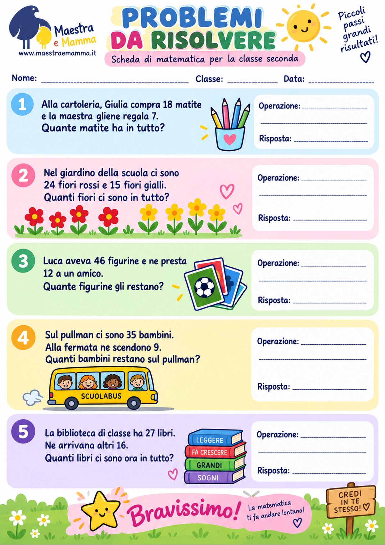 Problemi da risolvere per la seconda primaria: scheda di matematica