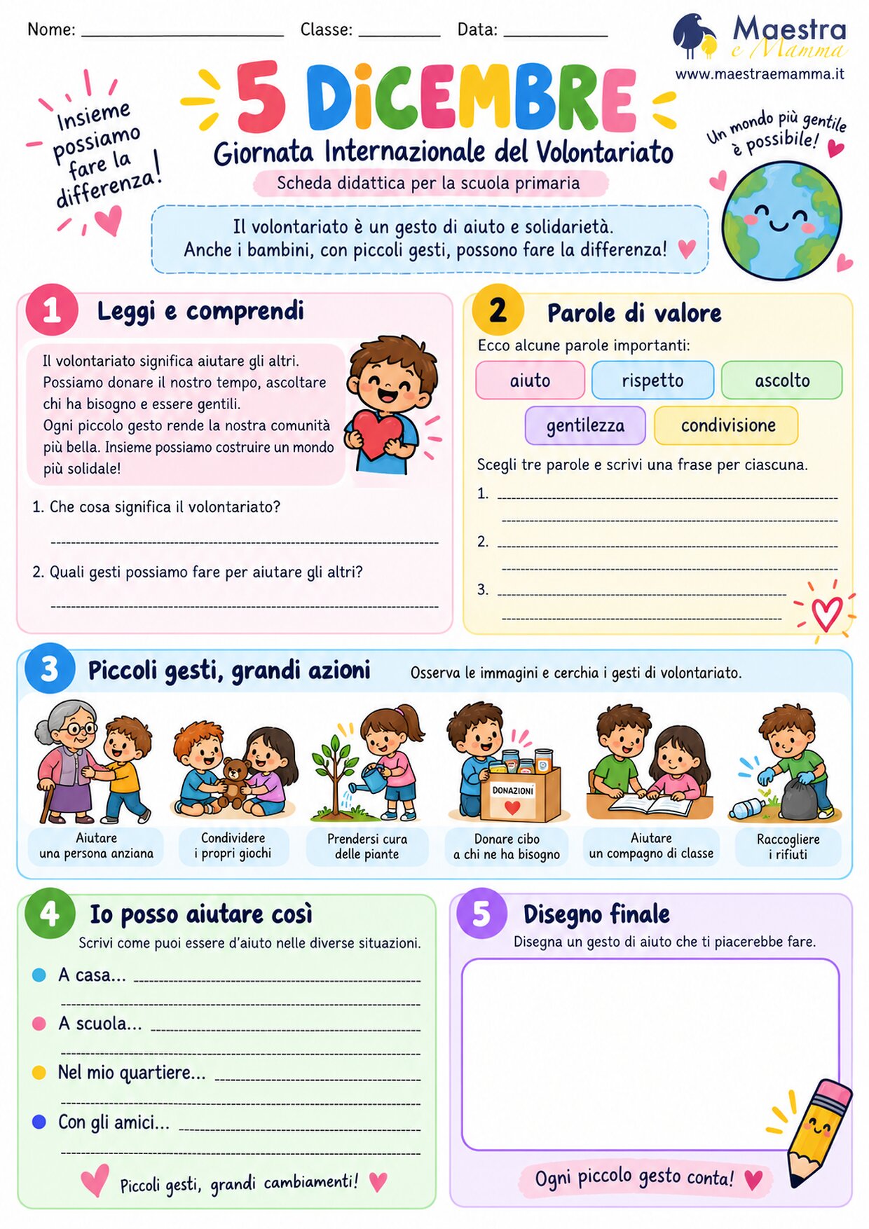 5 dicembre, Giornata Internazionale del Volontariato: scheda per la primaria