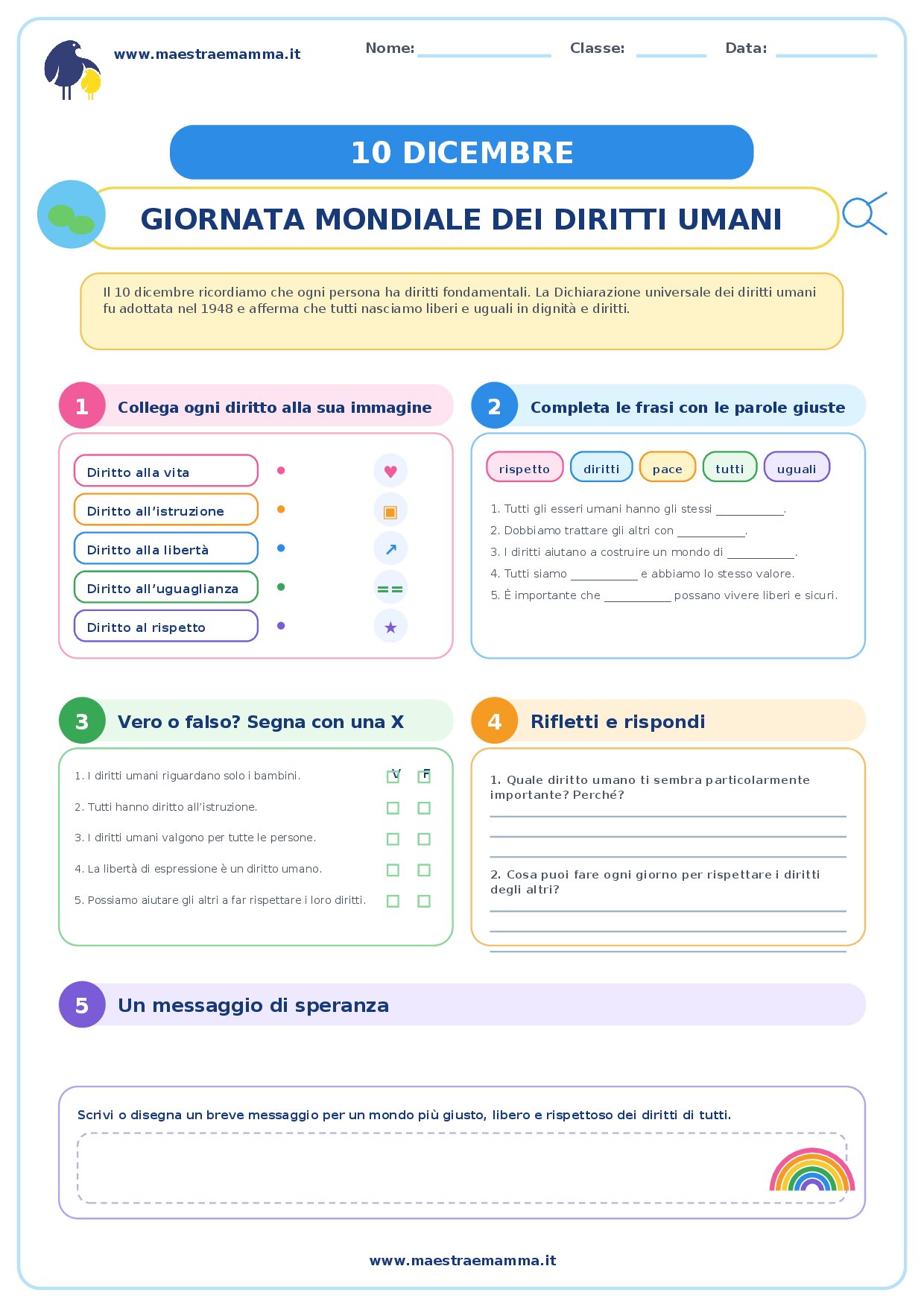 10 dicembre: Giornata mondiale dei diritti umani – scheda didattica per la primaria