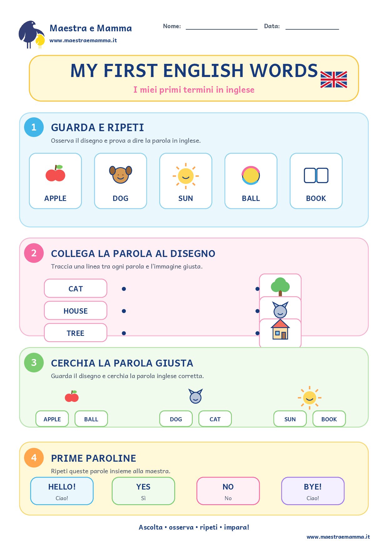 Prime parole in inglese: scheda didattica per la scuola dell’infanzia