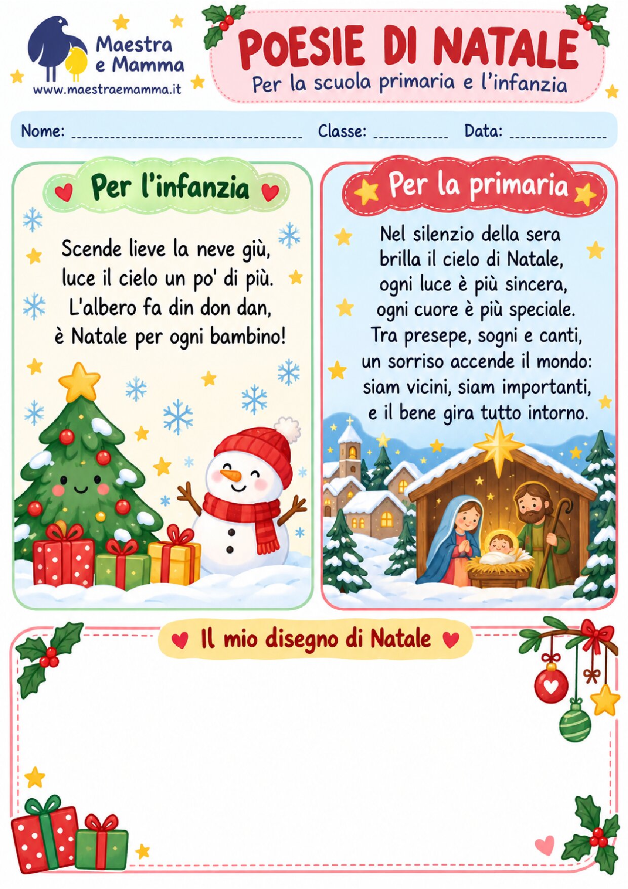 Poesie di Natale per la scuola primaria e l’infanzia: scheda stampabile