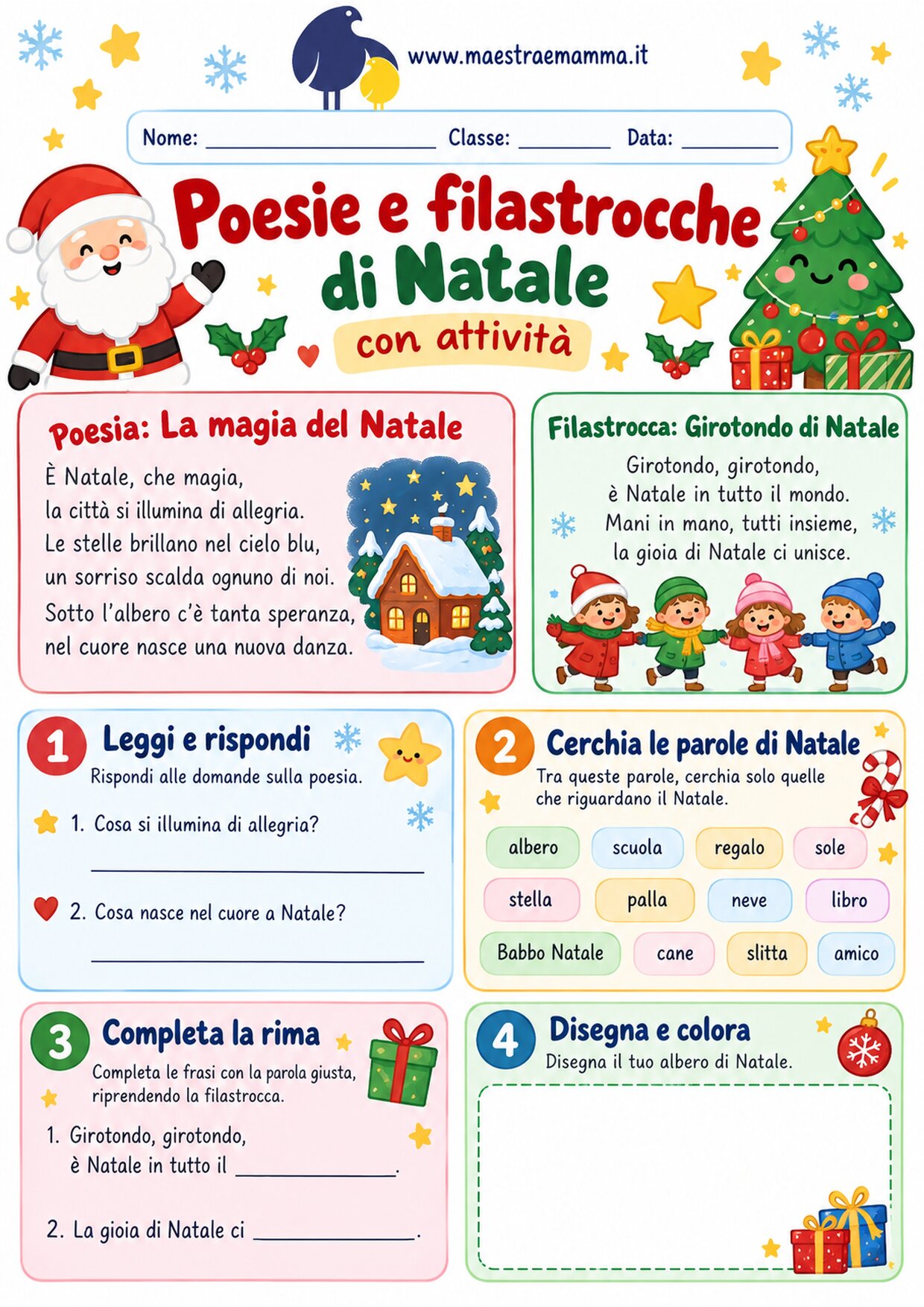Poesie e filastrocche di Natale con attività: scheda da stampare