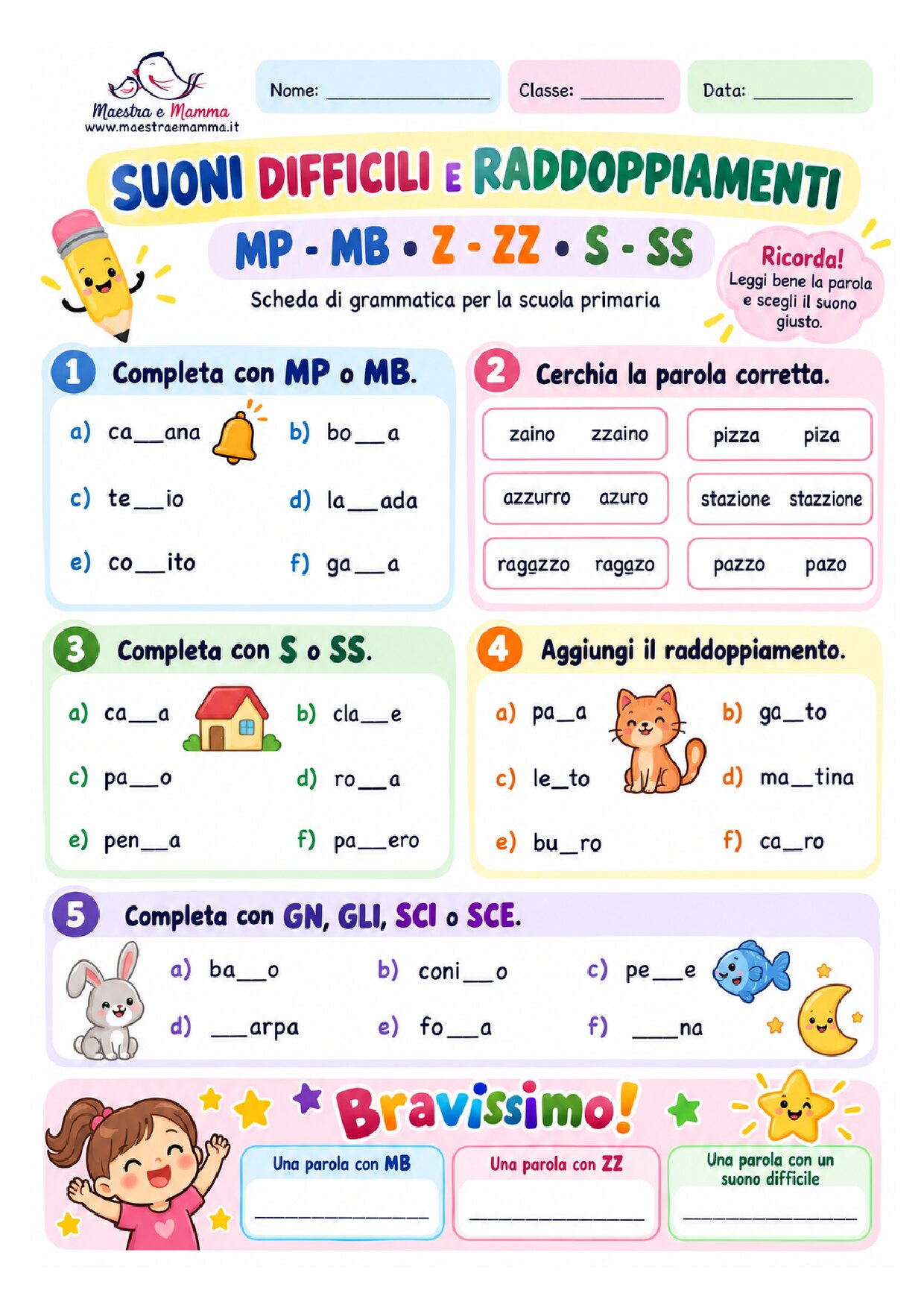 Suoni difficili e raddoppiamenti: scheda di grammatica per la primaria
