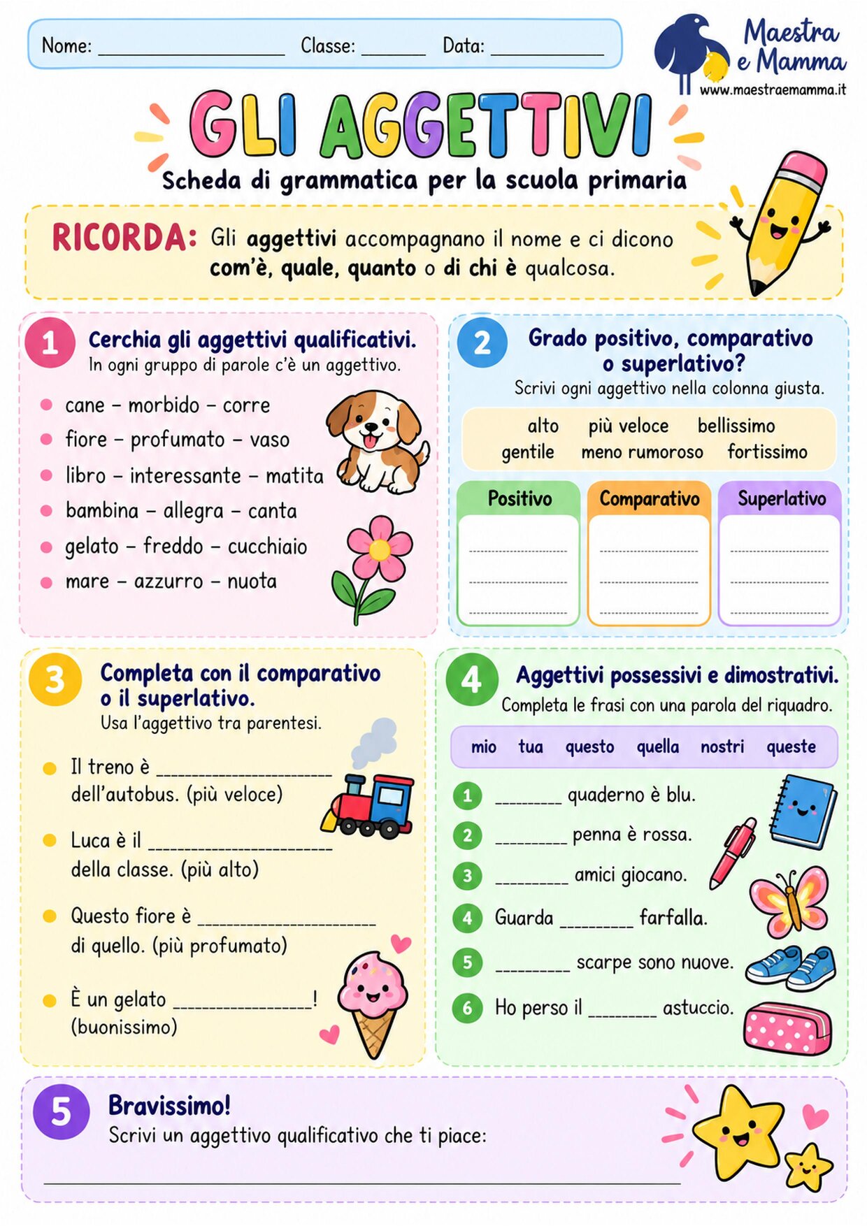 Gli aggettivi: scheda didattica di grammatica per la scuola primaria