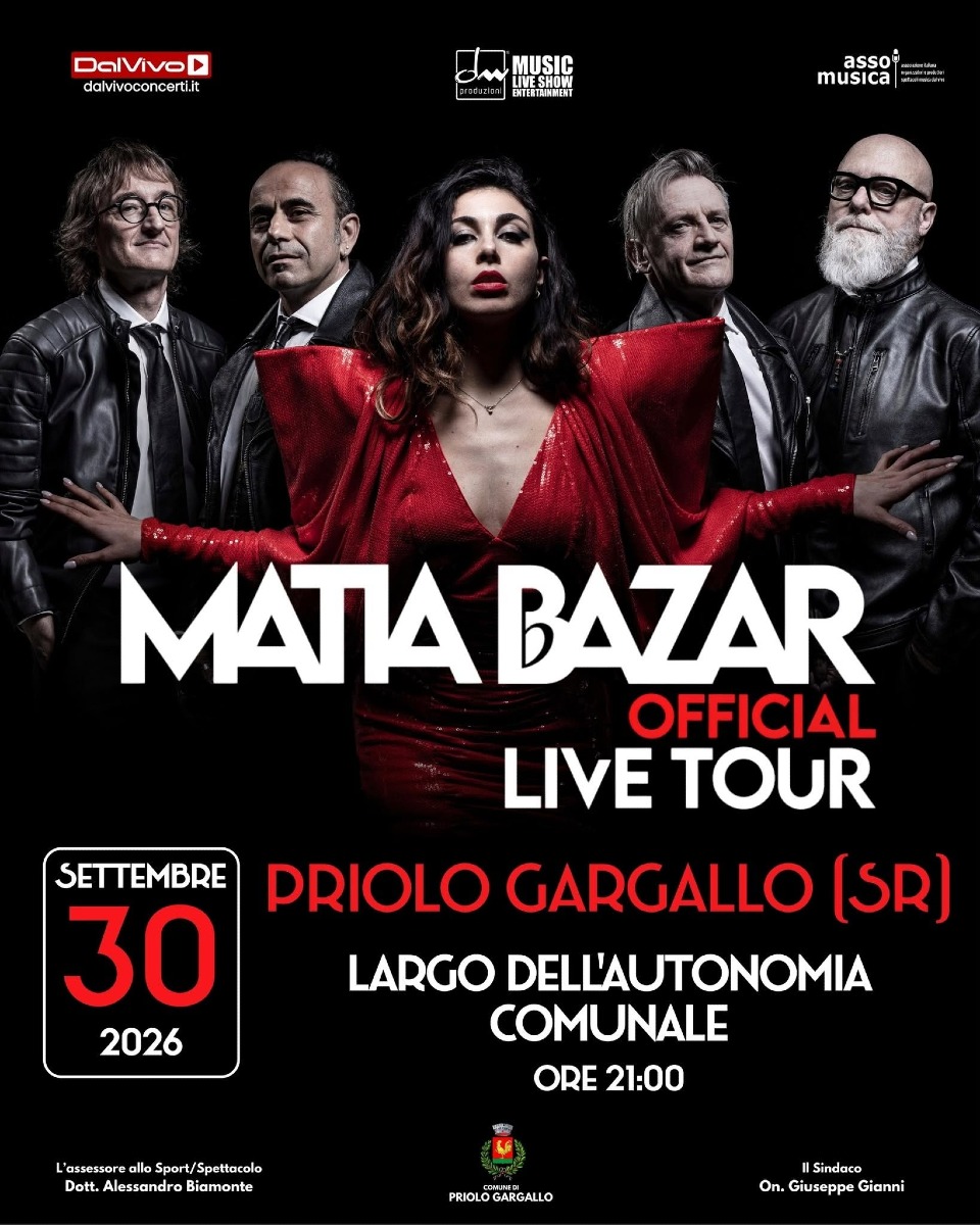 Locandina concerto Matia Bazar a Priolo Gargallo 2026