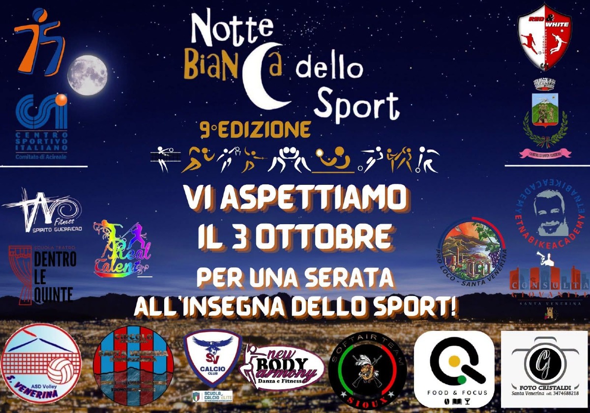 Santa Venerina, torna la Notte Bianca dello Sport: sabato 3 ottobre la IX edizione con la consegna dei premi - 