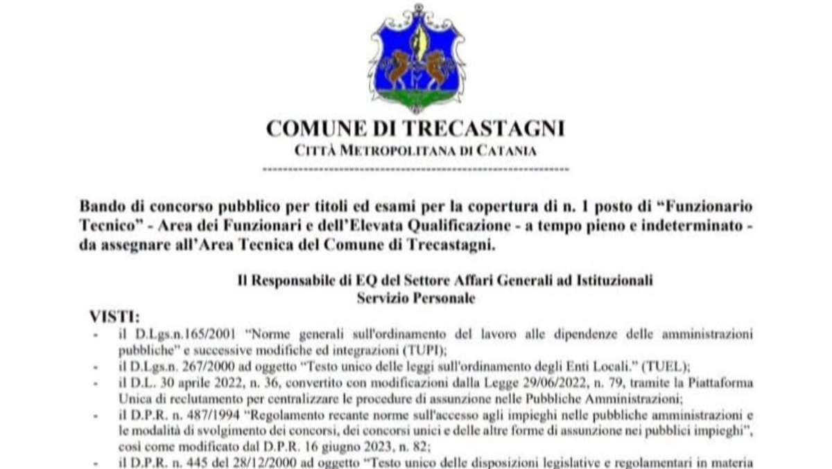 Trecastagni indice concorso per un tecnico nell’Area Tecnica: domanda online entro il 4 novembre 2026 - 