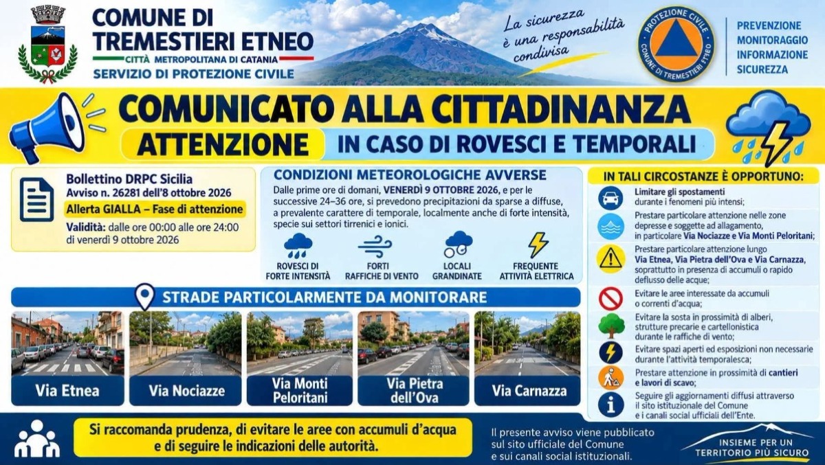 Tremestieri Etneo, allerta gialla: temporali intensi e raffiche di vento, attivate le procedure di protezione civile - 