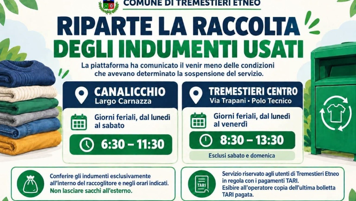 Tremestieri Etneo: riprende la raccolta degli indumenti usati, ecco orari, punti e regole - 