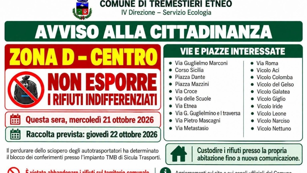 Tremestieri Etneo: divieto di esposizione dell'indifferenziato in Zona D (Centro) per la notte del 21 ottobre