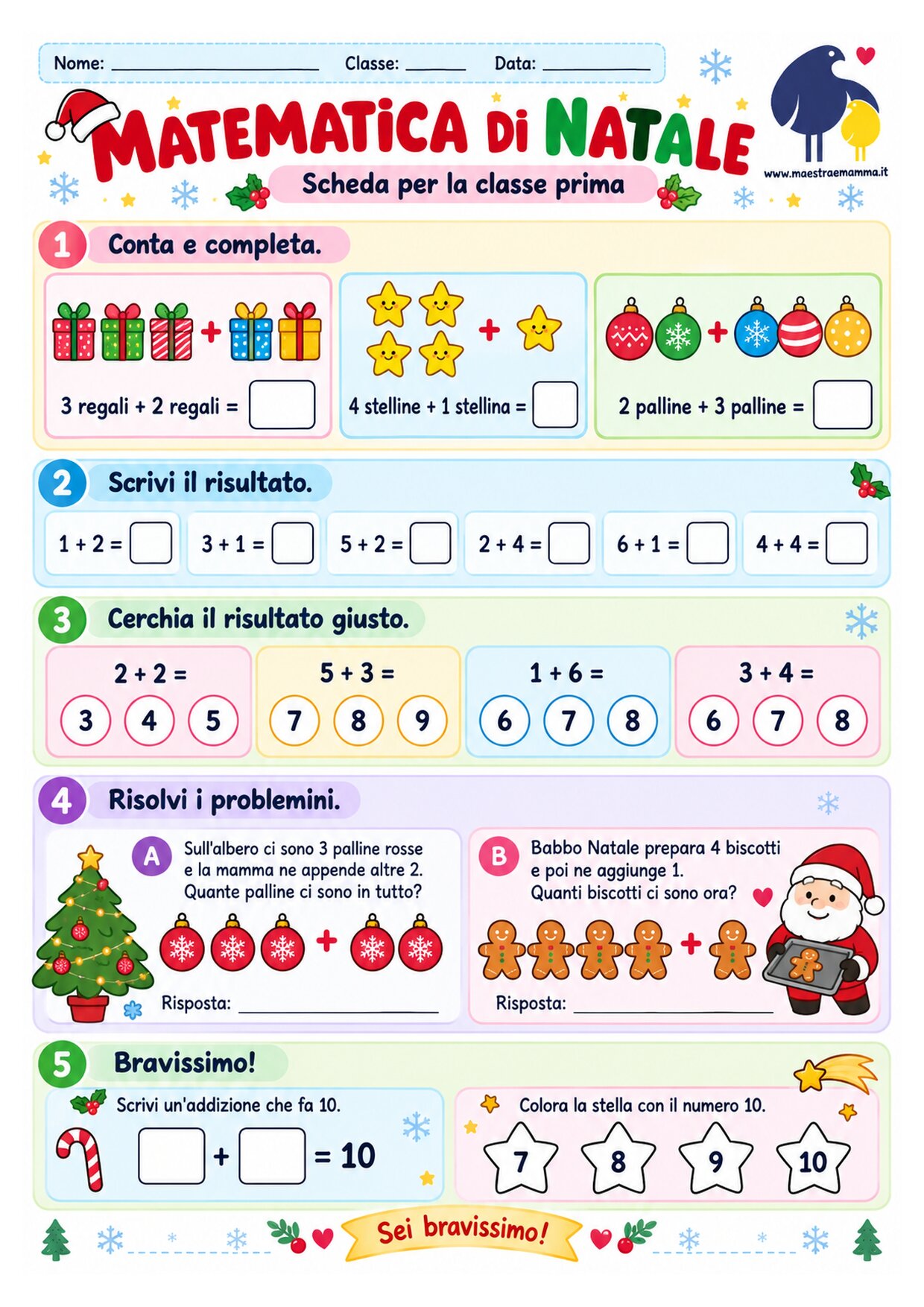 Matematica di Natale: scheda didattica per la classe prima
