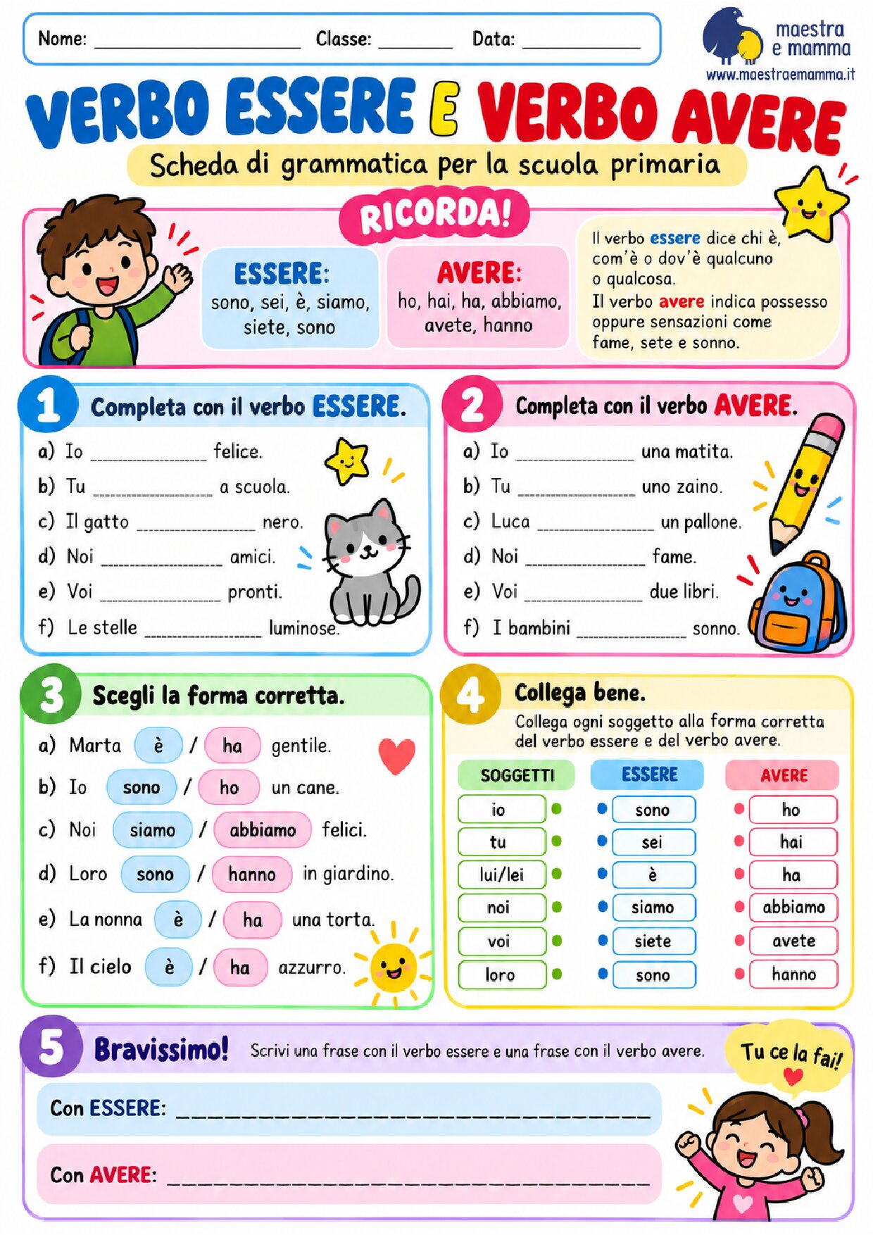 Verbo essere e verbo avere: scheda didattica per la scuola primaria