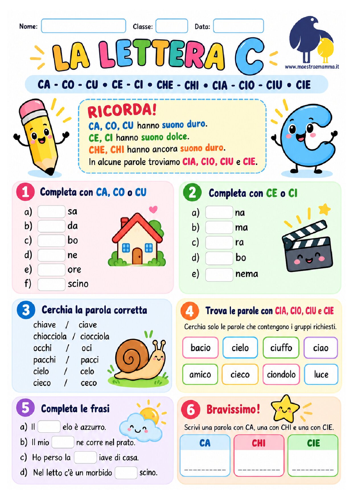 La lettera C: scheda di ortografia per la scuola primaria
