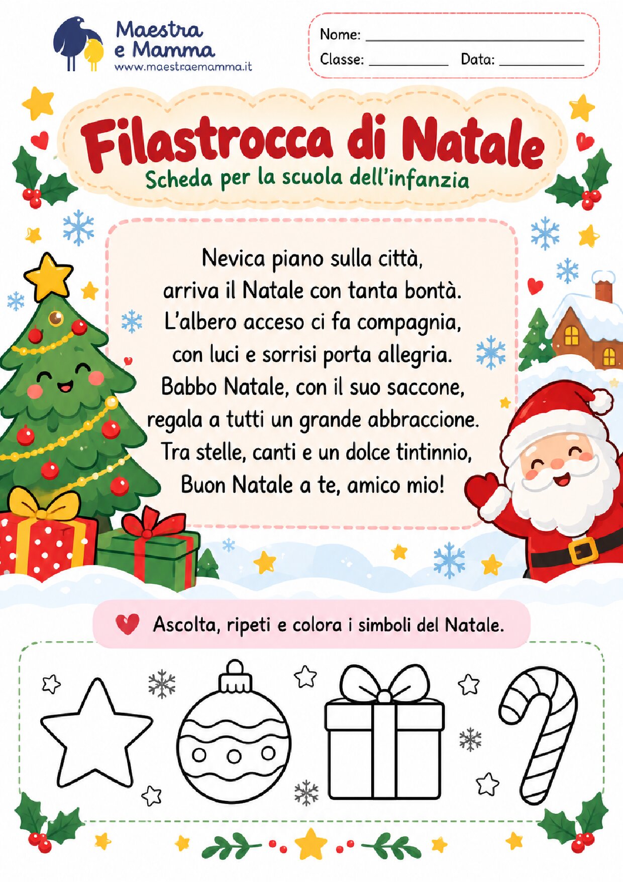 Filastrocca di Natale per la scuola dell'infanzia: scheda stampabile