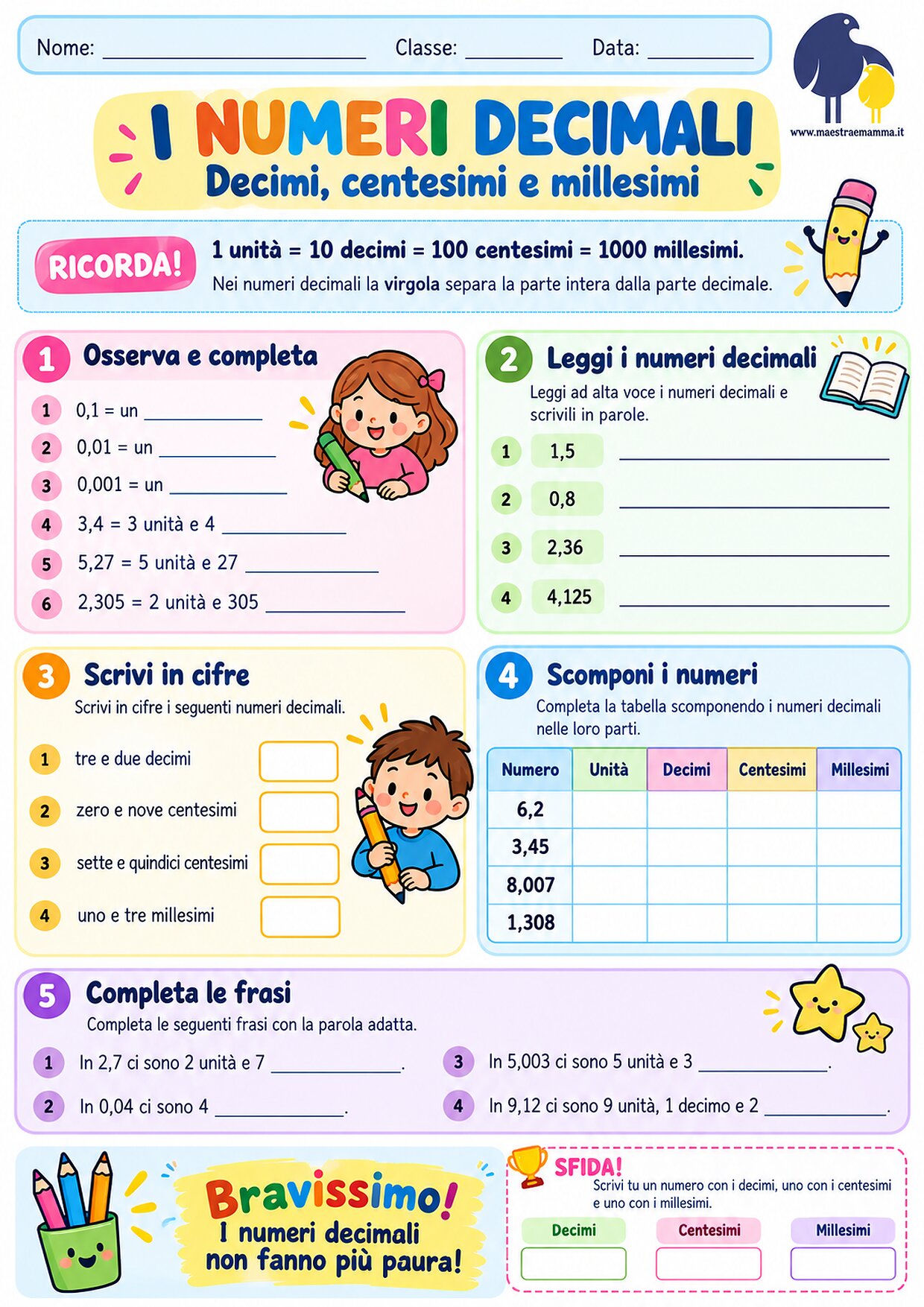 Numeri decimali: decimi, centesimi e millesimi – scheda didattica