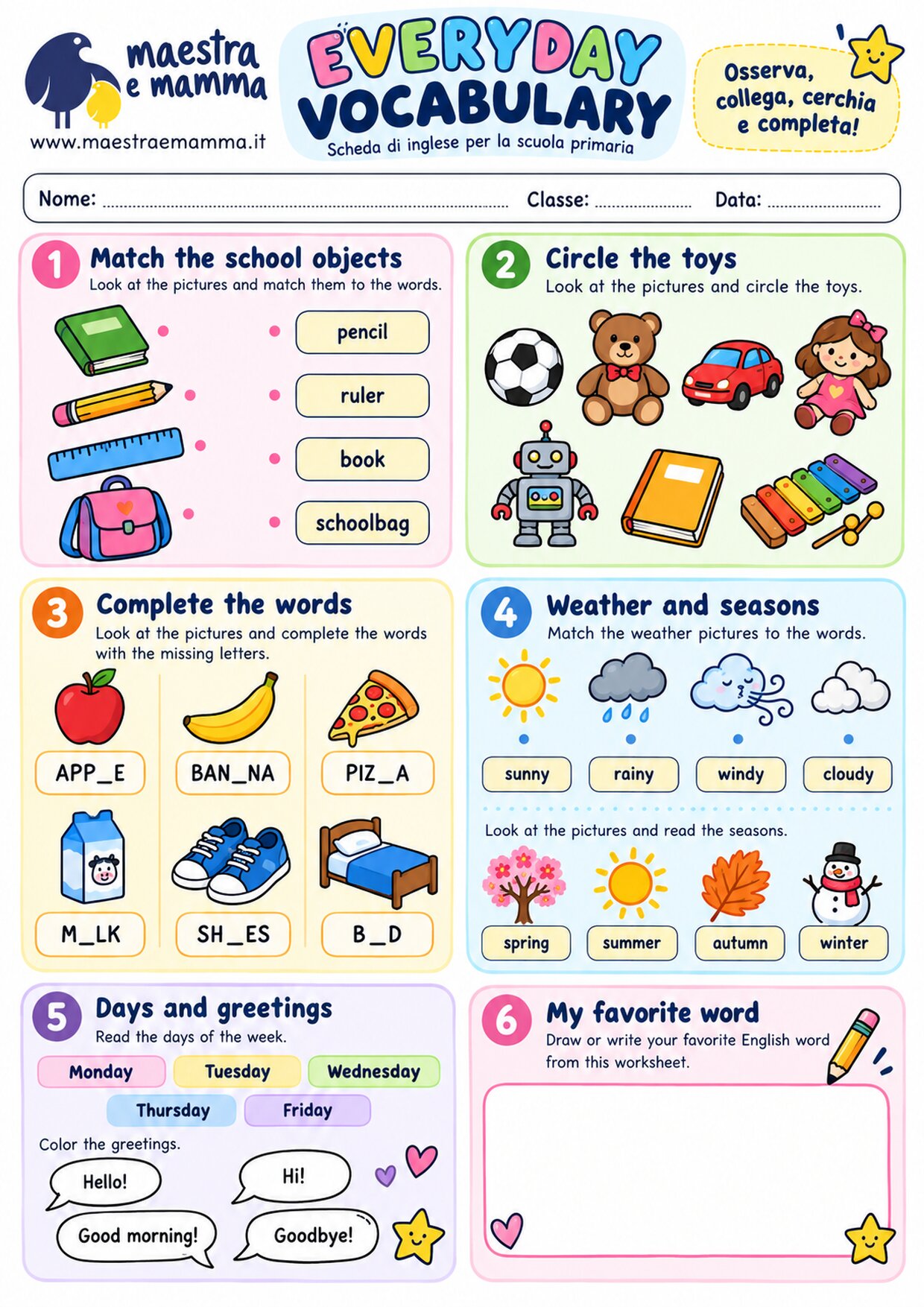 Everyday vocabulary: scheda di inglese per la scuola primaria