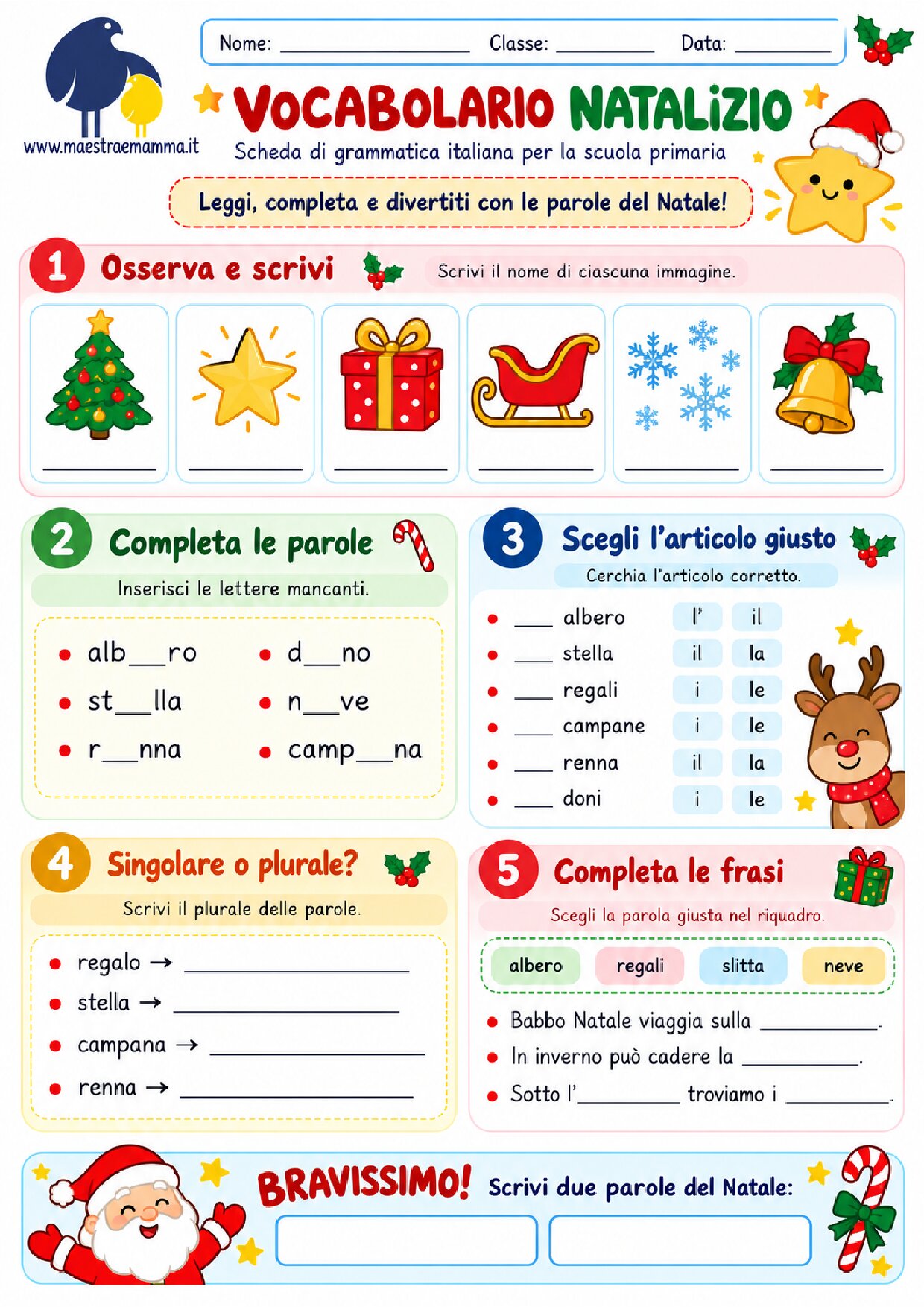 Vocabolario natalizio: scheda di grammatica italiana per la primaria