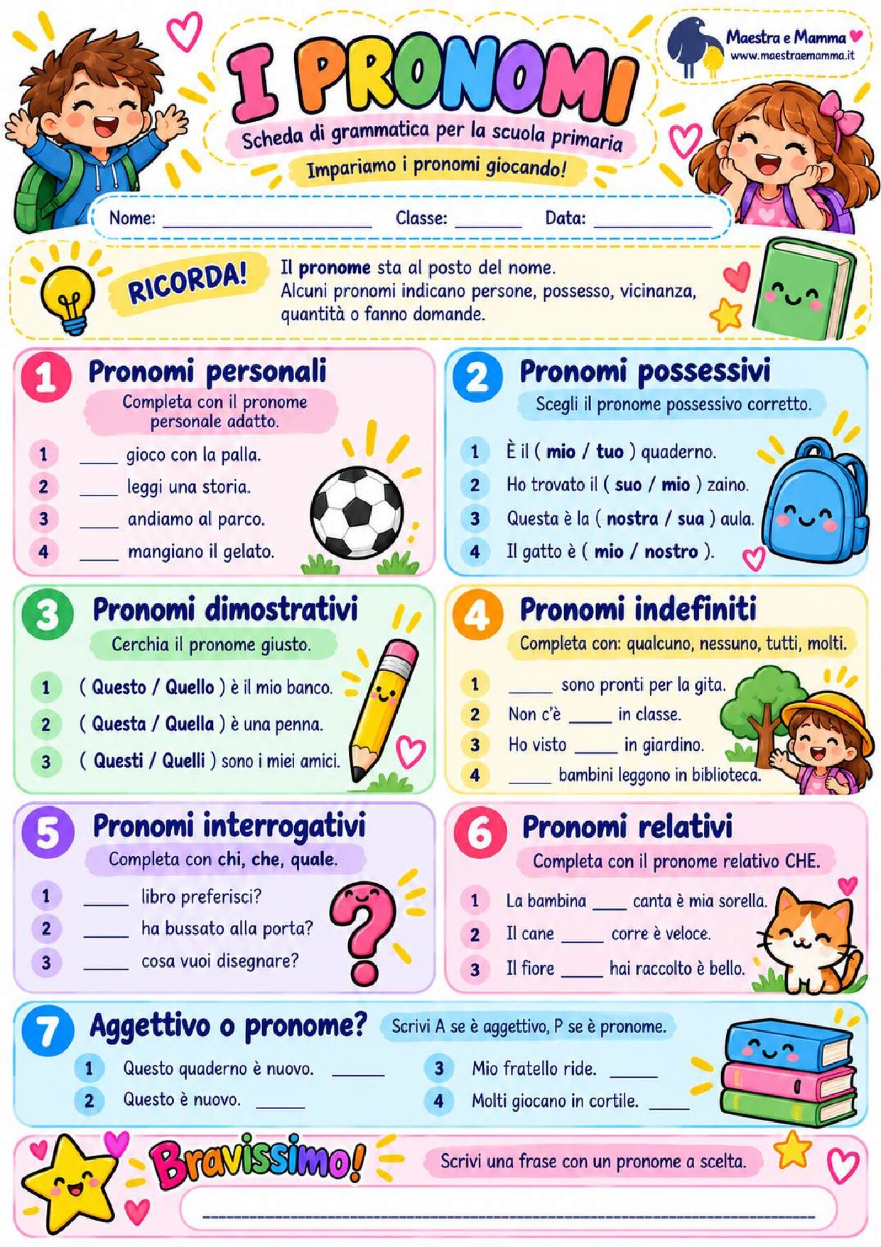 I pronomi: scheda di grammatica per la scuola primaria